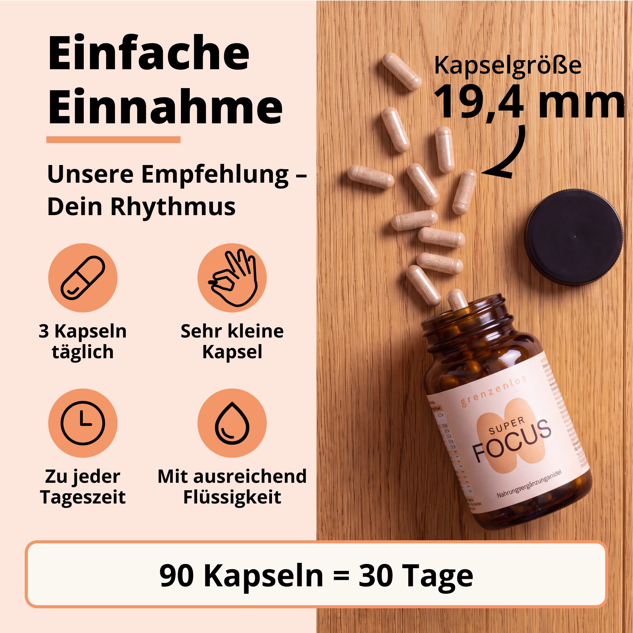 Flasche 'grenzenlos SUPER FOCUS' mit Kapseln und Angabe 'Kapselgröße 19,4 mm'.