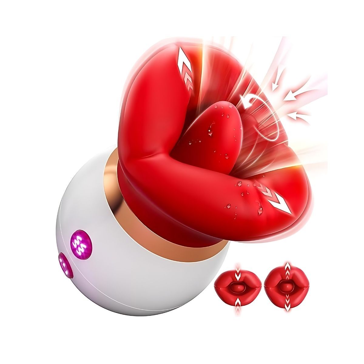 Weiß-roter Vibrator in Lippenform. Mit zwei zusätzlichen Lippen-Aufsätzen. Knöpfe und goldfarbene Akzente.