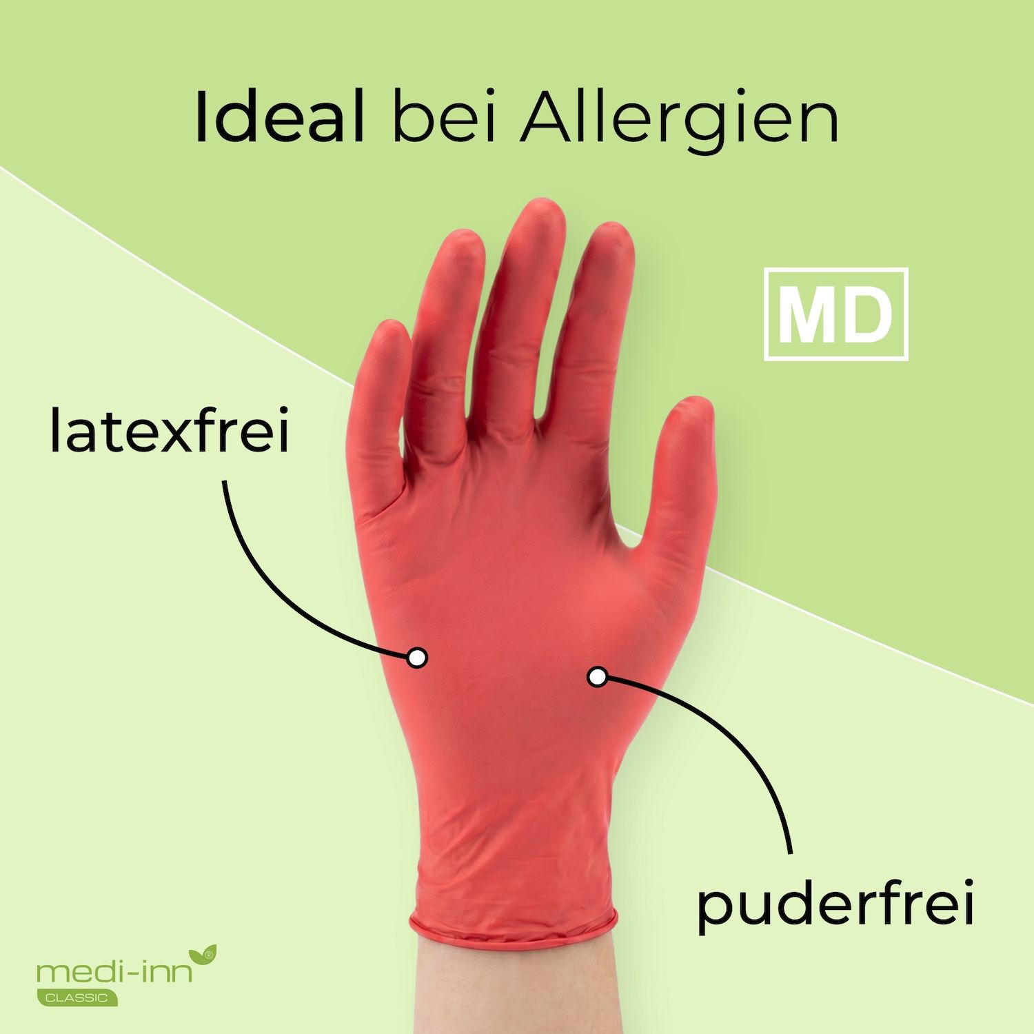 Rote Nitrilhandschuhe, latexfrei und puderfrei, ideal bei Allergien. MD-Zertifizierung.