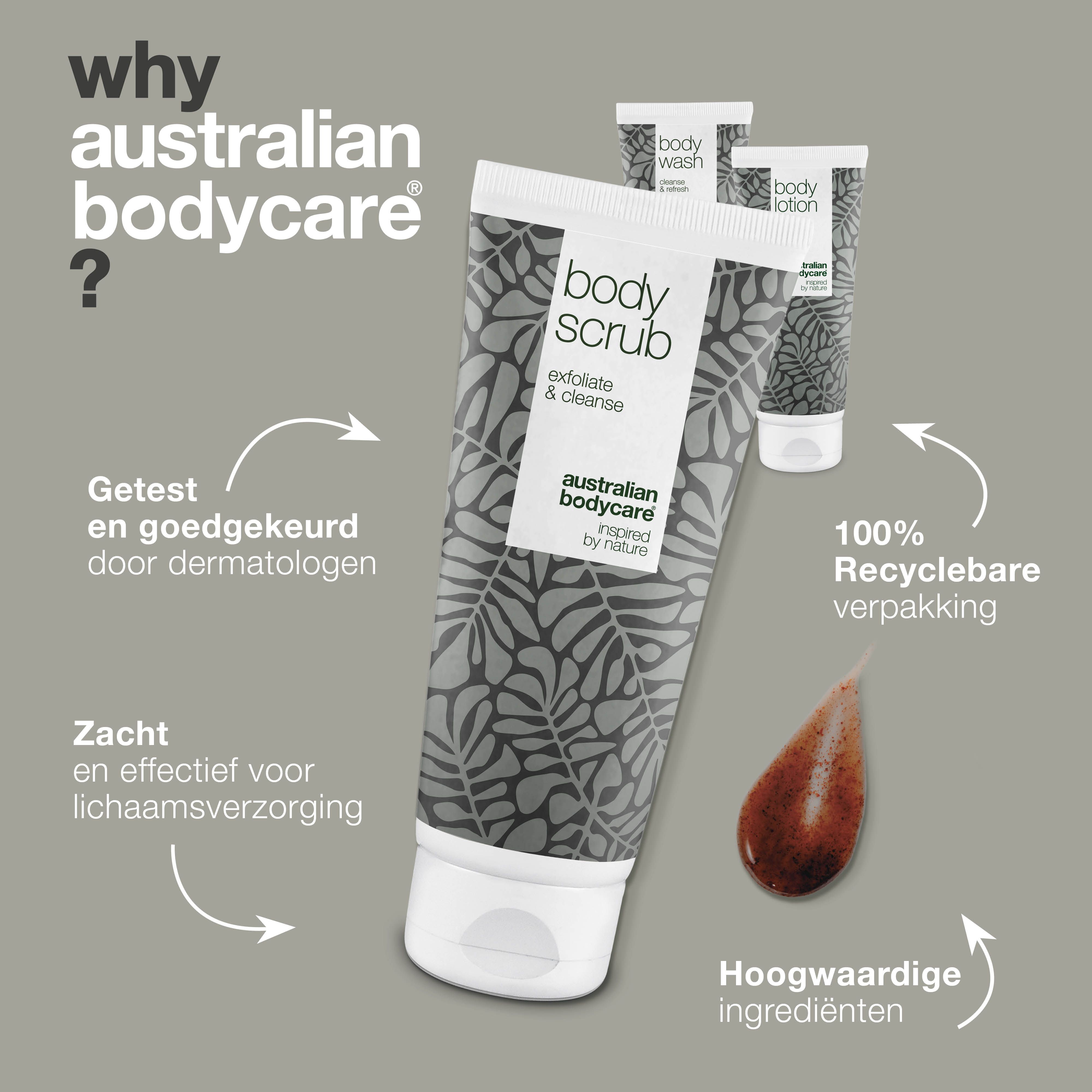Drie tubes: Body Wash, Body Scrub, Body Lotion. Wit en grijs design met bladeren. Tekst: Tea Tree Oil. Op een rij.