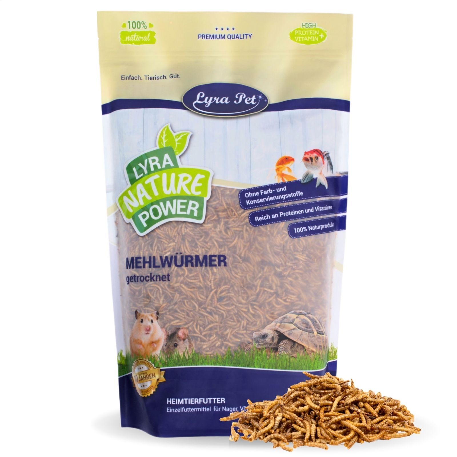 Verpackung 'Lyra Pet Mehlwürmer getrocknet', mit Tierabbildungen und Qualitätsmerkmalen.