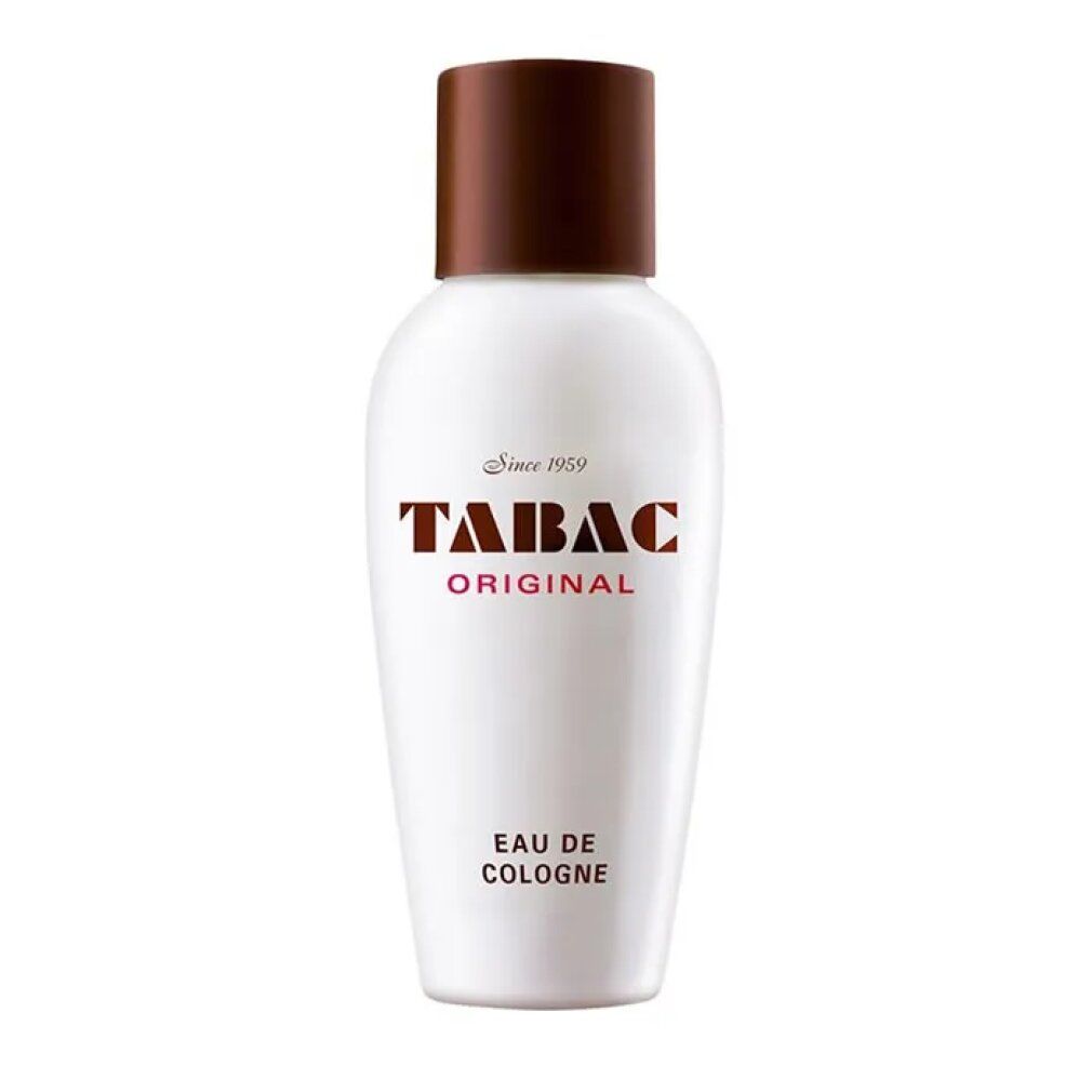 Weiße Flasche mit braunem Deckel. Aufschrift: TABAC ORIGINAL, Eau de Cologne. Seit 1959.