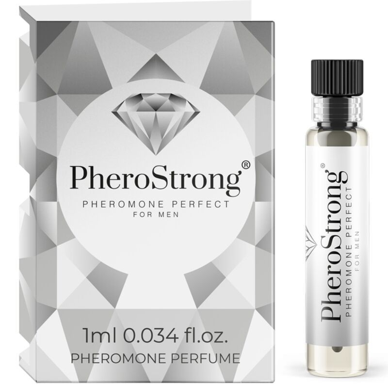 Karton und Flakon mit Produktaufdruck. Flakon mit schwarzem Verschluss. Aufdruck: PheroStrong, Pheromone Perfect für Männer.