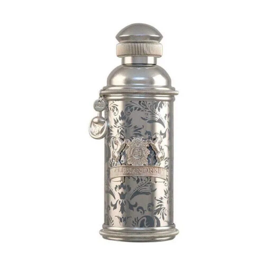 Silberfarbene Flasche mit floralem Muster. Flasche mit silberfarbenem Deckel und Verzierungen. Floral gemustertes Design.