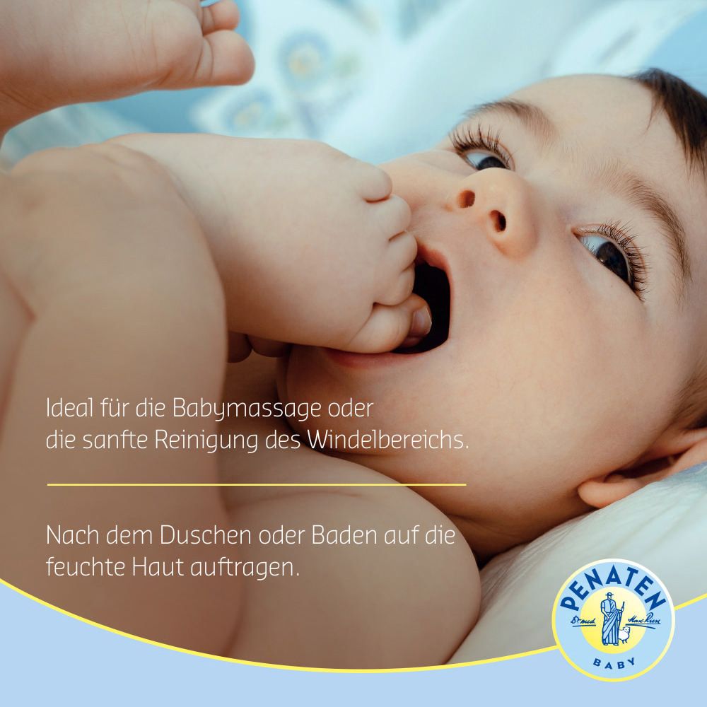 Baby mit Text. Text: Ideal für Babymassage oder sanfte Reinigung. Nach Duschen oder Baden auftragen. Penaten Logo.