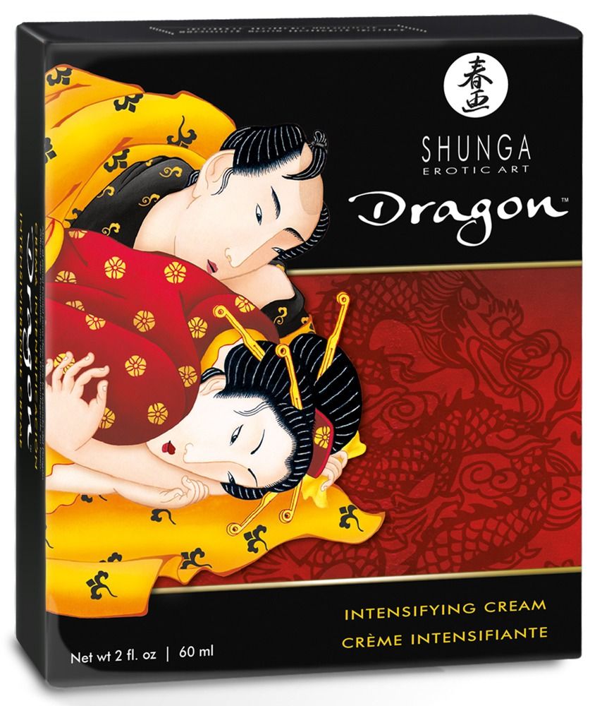 Schwarze Verpackung. Aufschrift: Shunga Dragon, Intensifying Cream. Abbildung: Paar in traditioneller Kleidung.