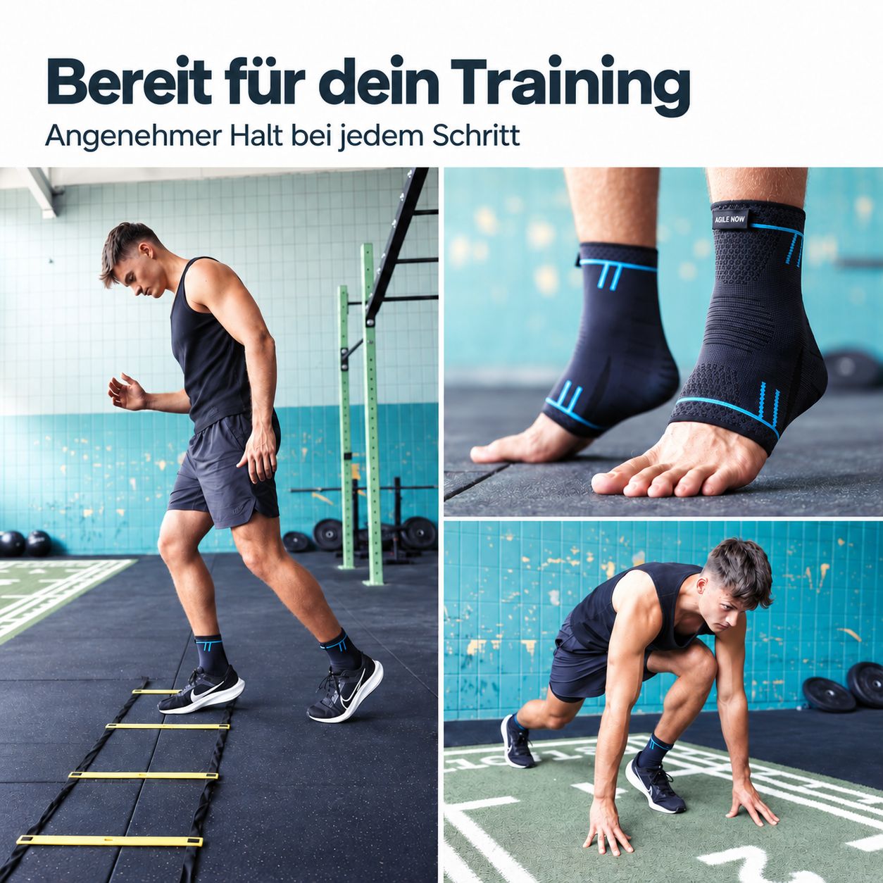 Mann beim Agility-Training mit Sprunggelenkbandagen. Nahaufnahme der Bandagen an den Füßen.