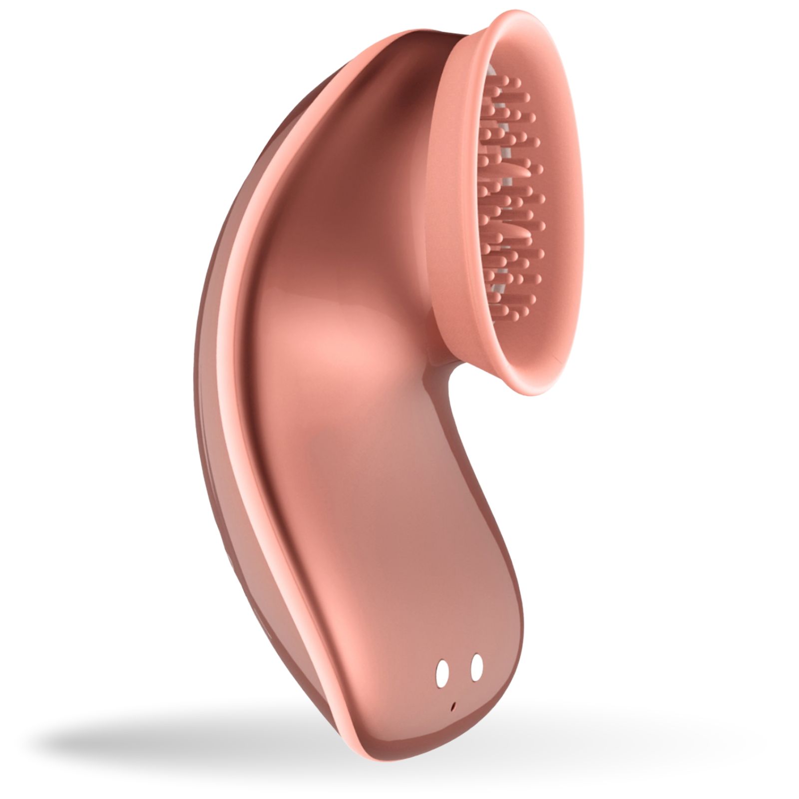 Rosa Sauger-Vibrator, gebogene Form. Ovale Öffnung mit Noppen. Zwei Knöpfe unten.