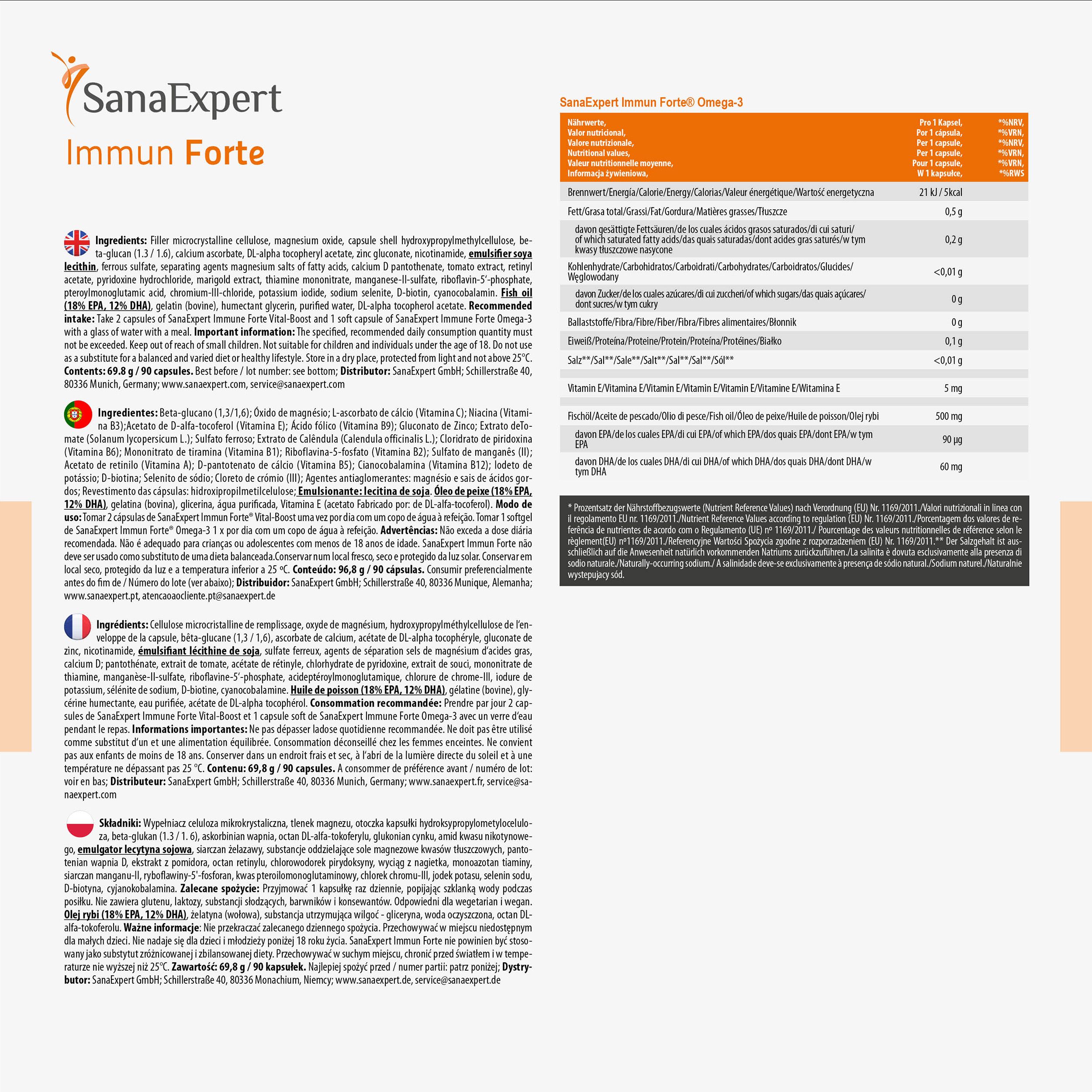 SanaExpert Immun Forte: Produktinformationen und Inhaltsstoffe in Deutsch, Englisch, Spanisch, Französisch und Italienisch.