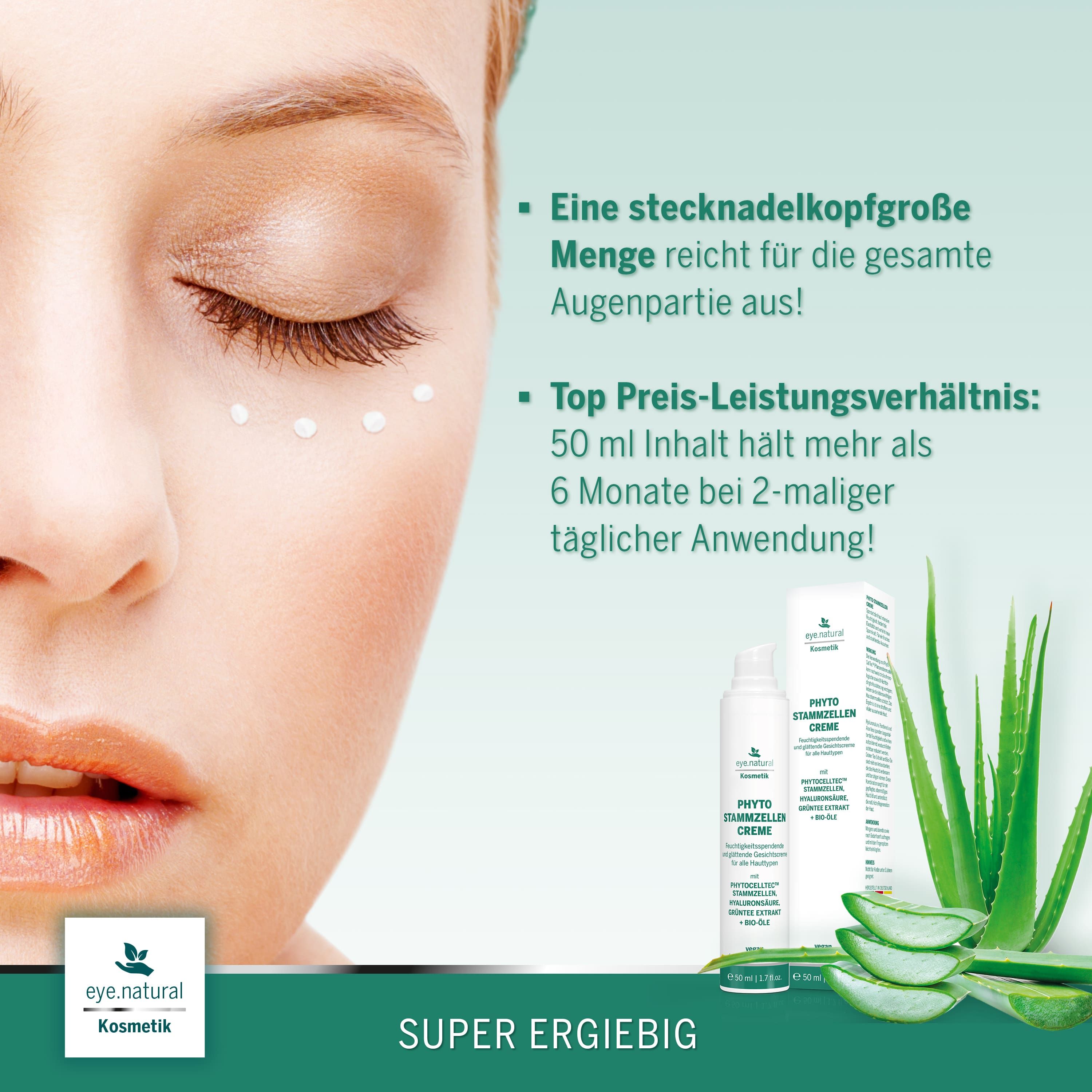 Gesicht mit Augenpartie. Creme-Punkte auf der Haut. Text: 50 ml Inhalt hält mehr als 6 Monate.