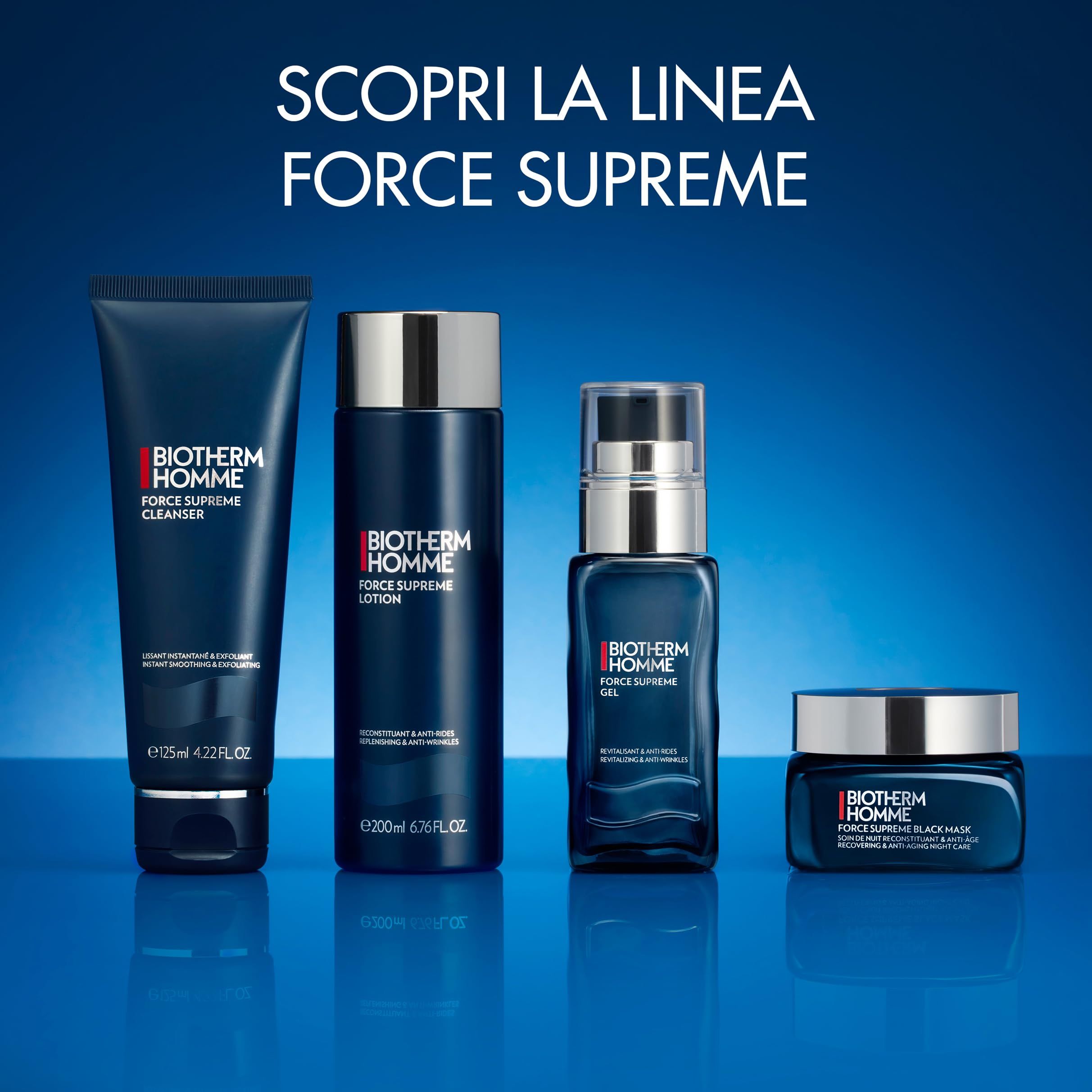 Drei BIOTHERM HOMME Produkte: Cleanser, Lotion, Gel und Black Mask.