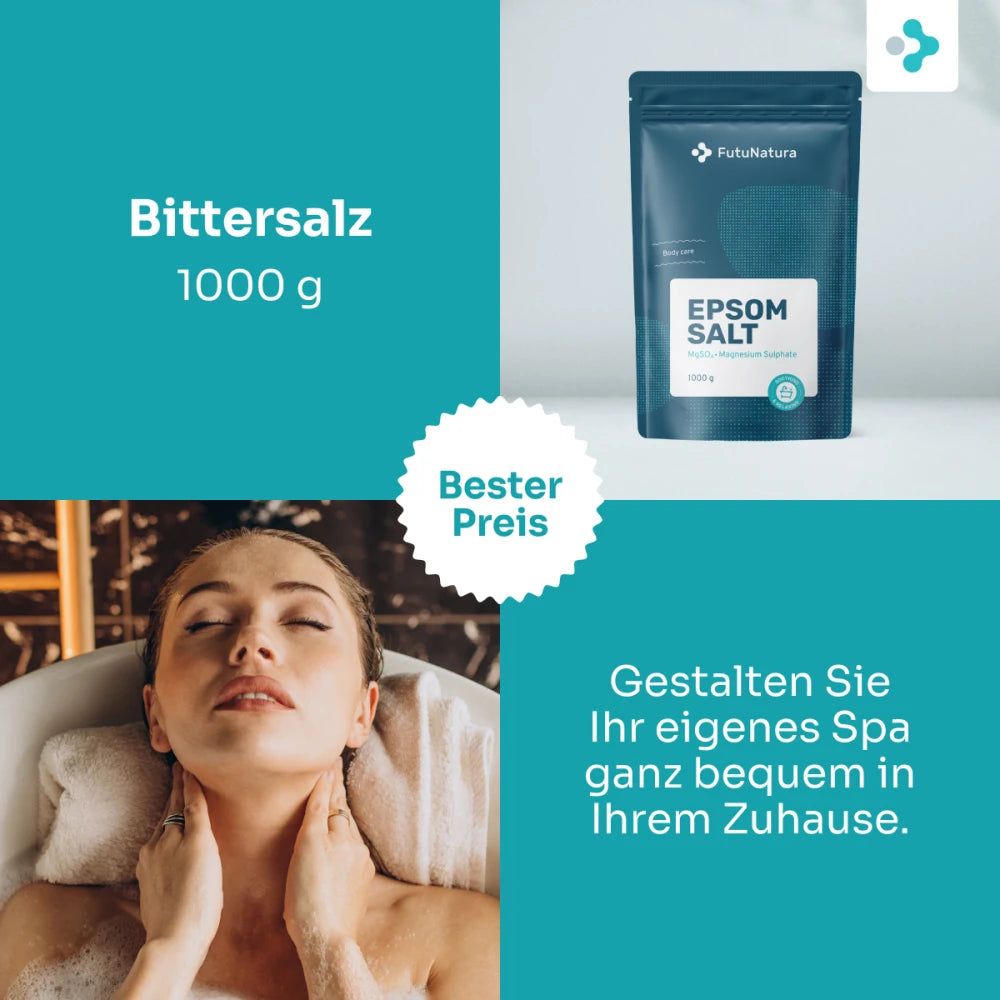 FutuNatura Epsom Salz Beutel. Frau im Bad. Text: Bittersalz, 1000 g, Bester Preis.