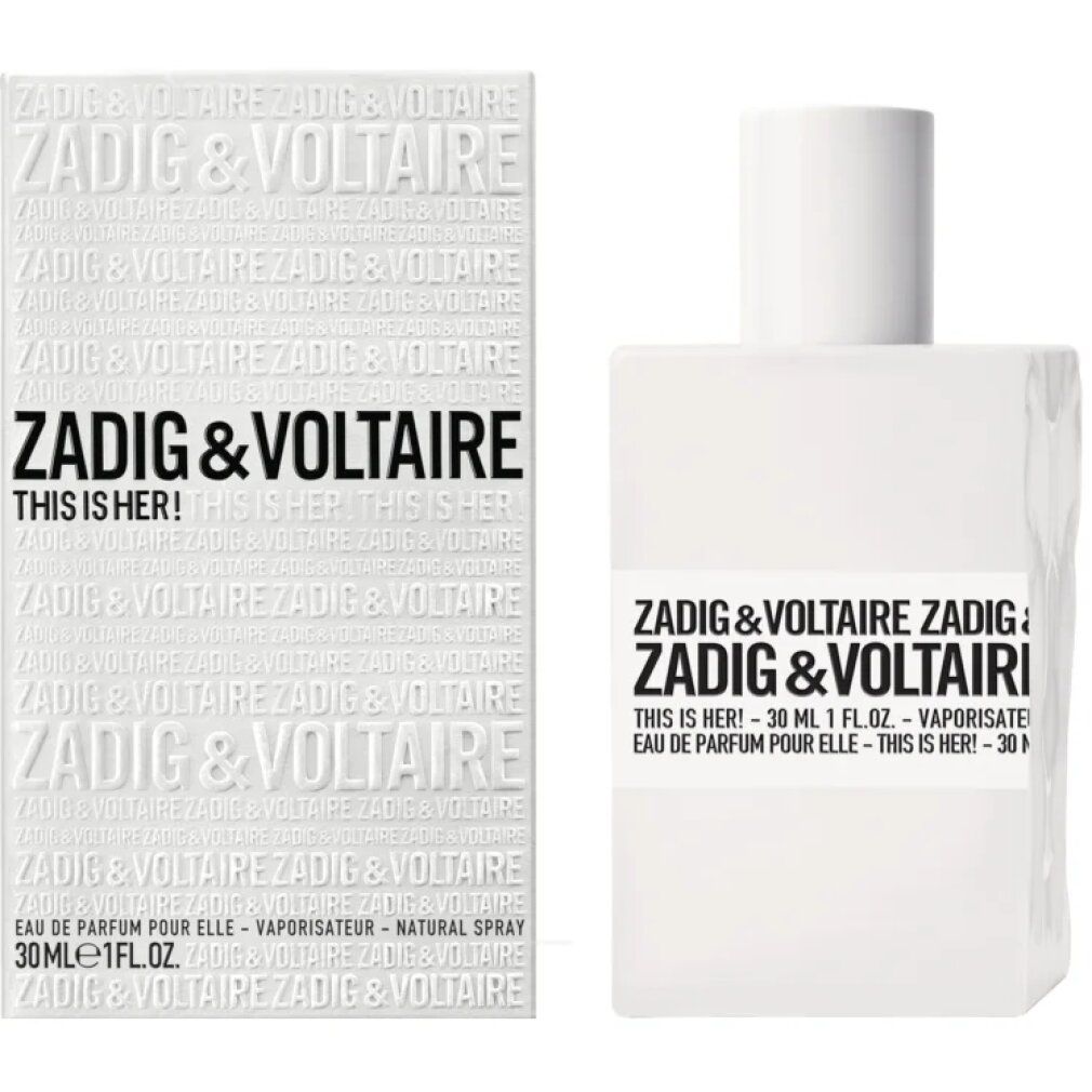 Weißer Flakon und Verpackung. Aufschrift: Zadig & Voltaire, This Is Her! 30 ml.