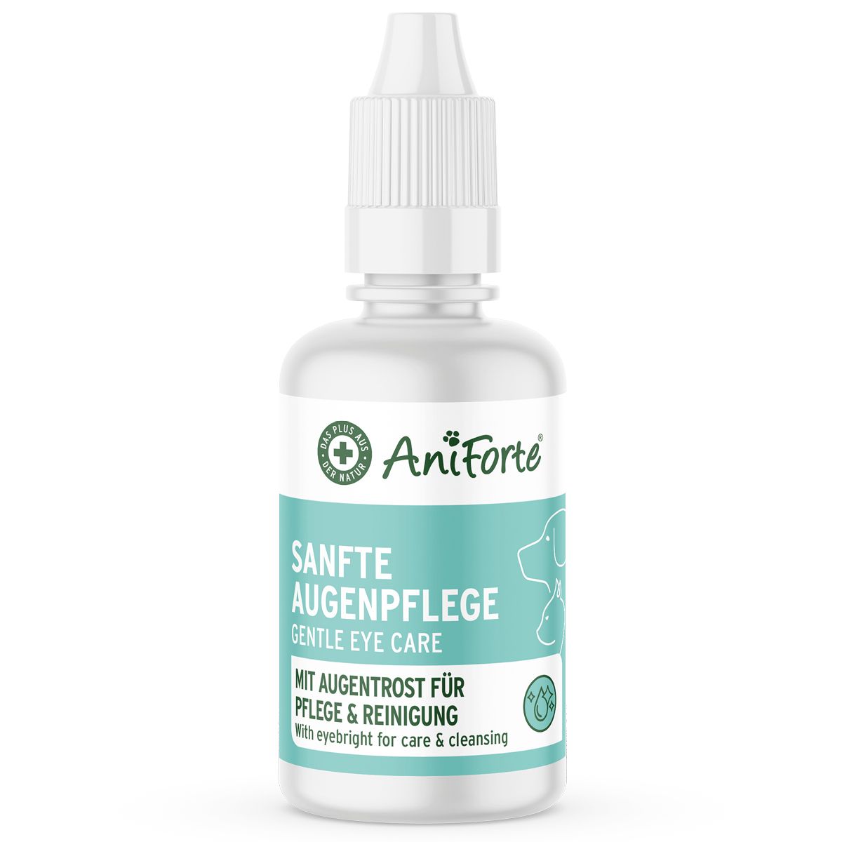 Weiße Flasche mit Tropfer. Aufschrift: Sanfte Augenpflege, AniForte. Mit Augentrost für Pflege & Reinigung.