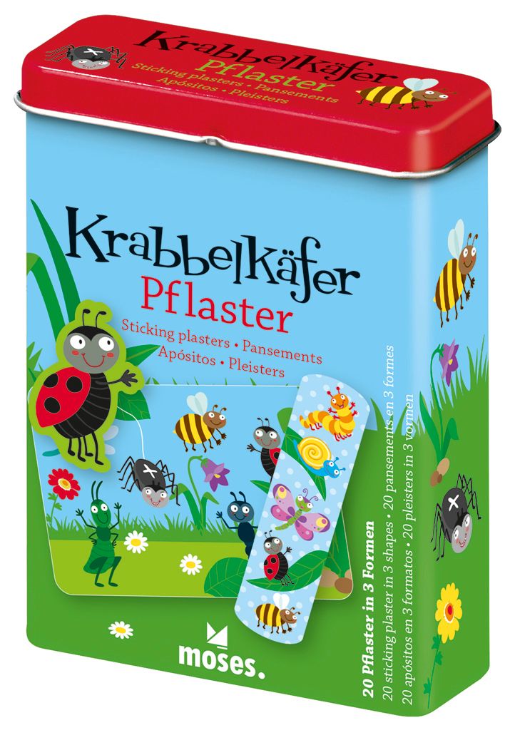 Metallbox mit Pflastern. Aufdruck: Marienkäfer, Insekten, Schriftzug 'Krabbelkäfer Pflaster'. Enthält 20 Pflaster in 3 Formen.