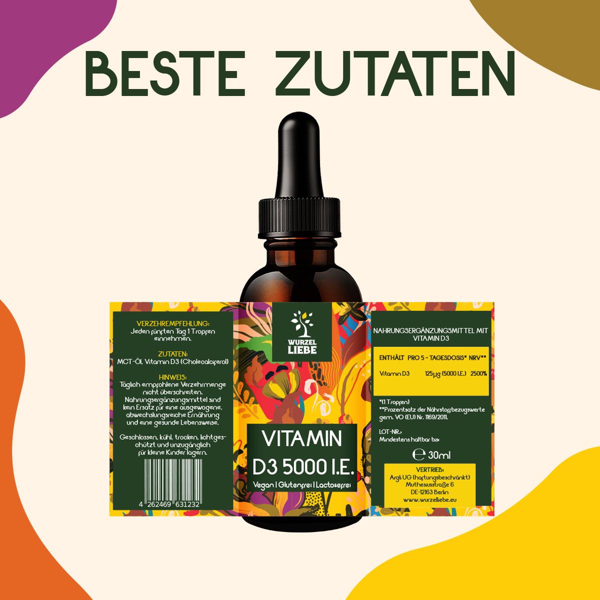 Braune Glasflasche mit Tropfer. Aufschrift: Vitamin D3 5000 i.E. Etikett mit Inhaltsangaben. Text: Nahrungsergänzungsmittel mit Vitamin D3.