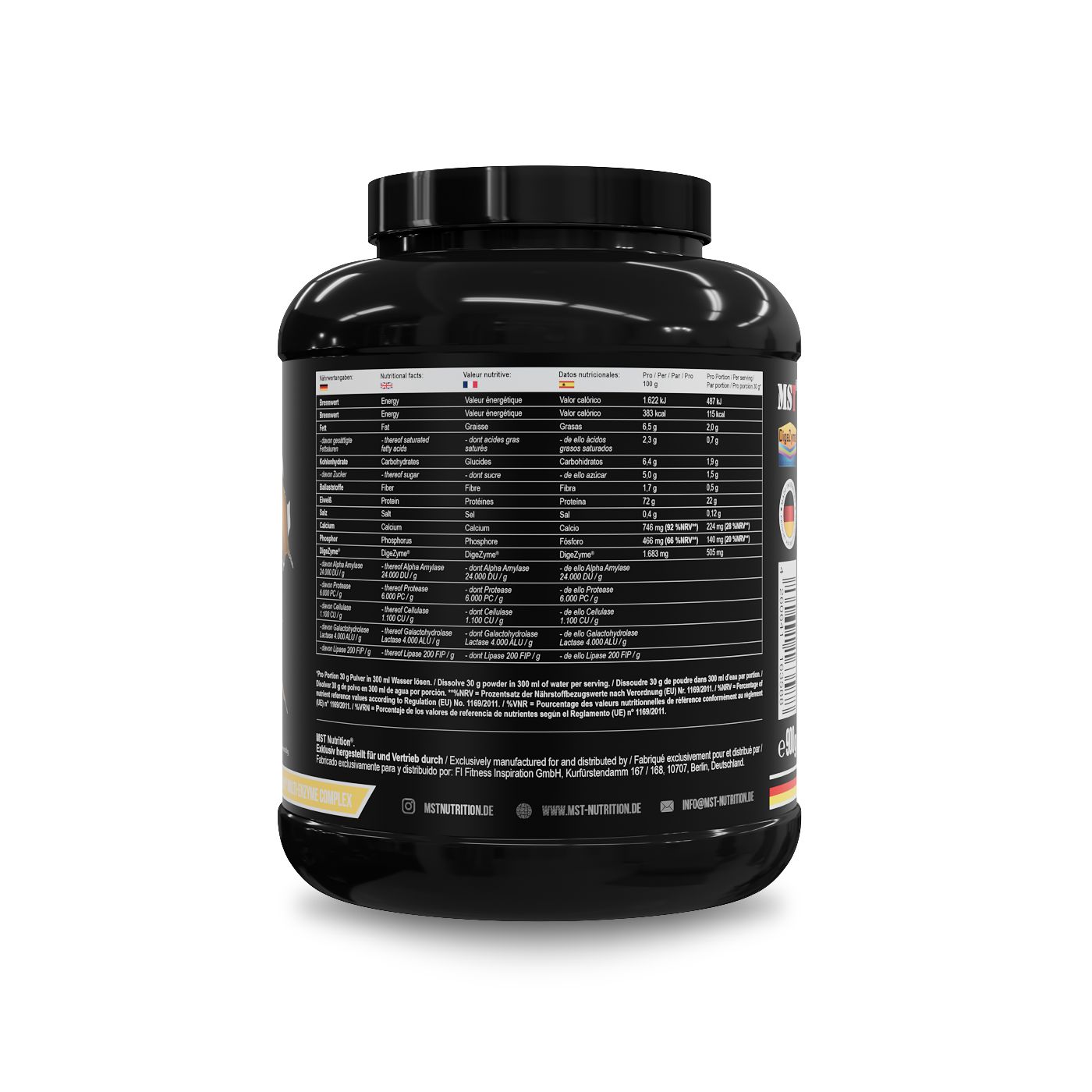 Rückseite eines schwarzen Behälters mit Nährwertangaben und Aminosäureprofil für MST Best Whey Protein.