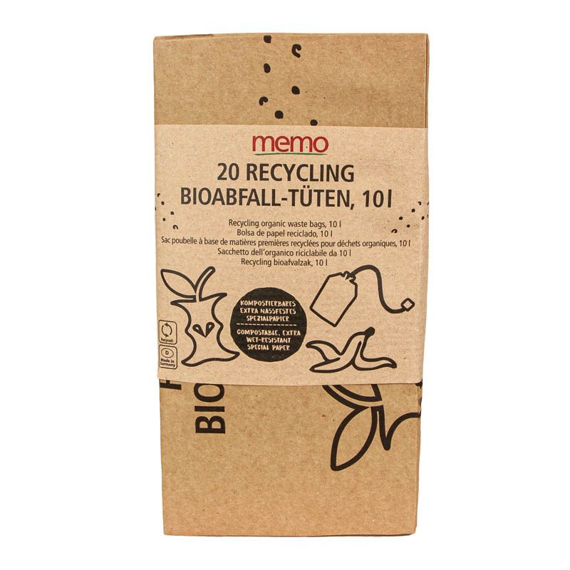 Braune Pappverpackung mit Aufdruck. Enthält 20 Bioabfalltüten. Text: memo, Recycling, Bioabfall-Tüten, 10l. Mit Kompostierbarkeits-Symbol.