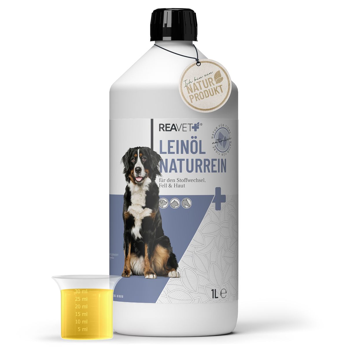 Flasche Leinöl mit Hund, Messbecher. Text: ReaVET Leinöl Naturrein, 1L, Natur Produkt.