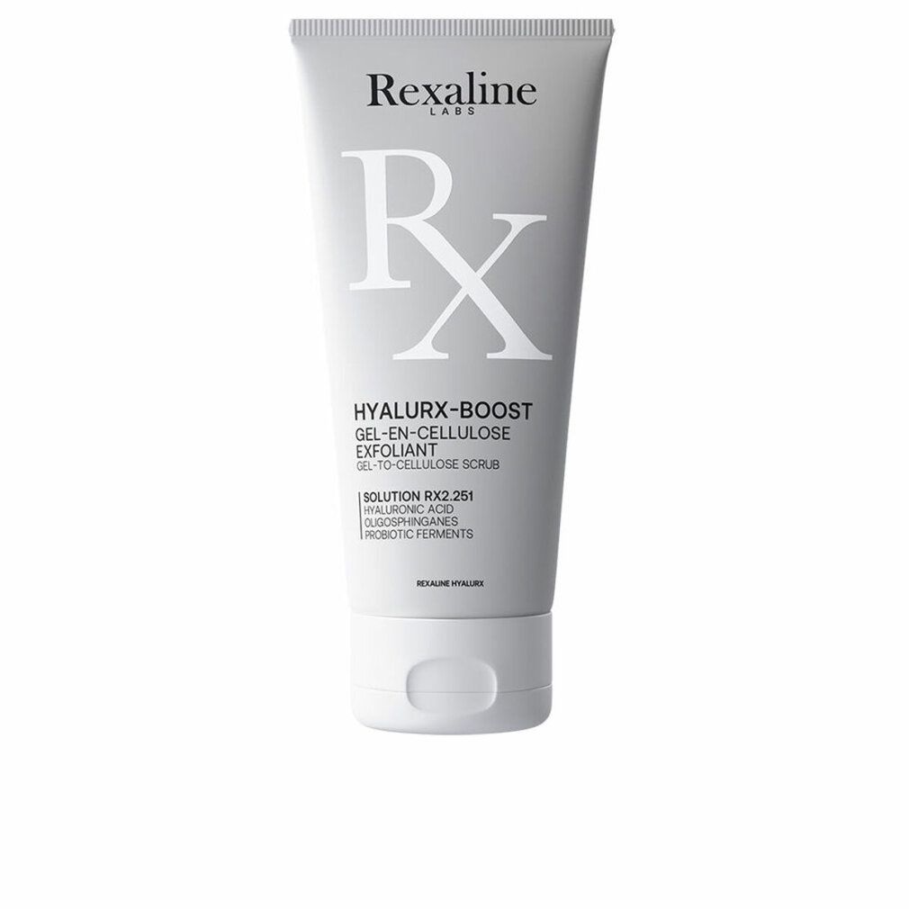 Graue Tube mit weißem Deckel. Aufschrift: Rexaline, Hyalurx-Boost Gel-En-Cellulose Exfoliant. Enthält Hyaluronsäure.