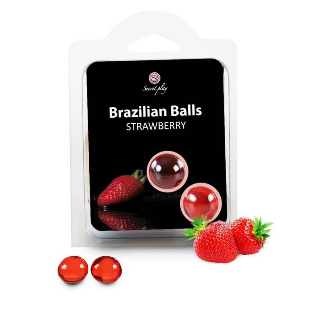 Verpackung mit zwei roten, runden Objekten und zwei Erdbeeren. Aufschrift: Brazilian Balls Strawberry.