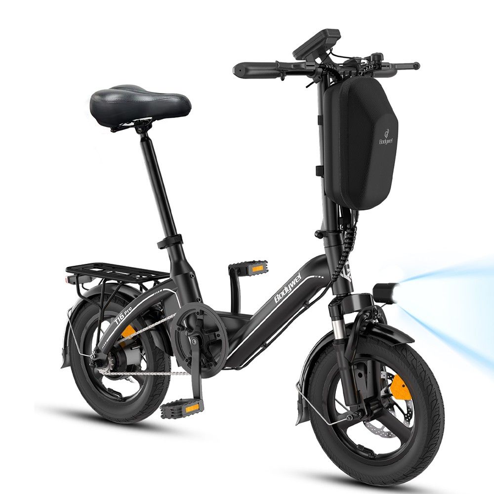 Schwarzes Elektrofahrrad mit Gepäckträger, Scheinwerfer und Akku-Tasche. Aufschrift "T16 Pro".