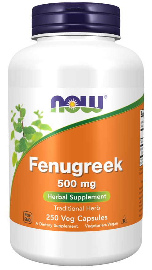 Weiße Flasche mit blauem Deckel. Aufkleber mit orangefarbenem Hintergrund und grünen Akzenten. Schriftzug "Fenugreek 500 mg".