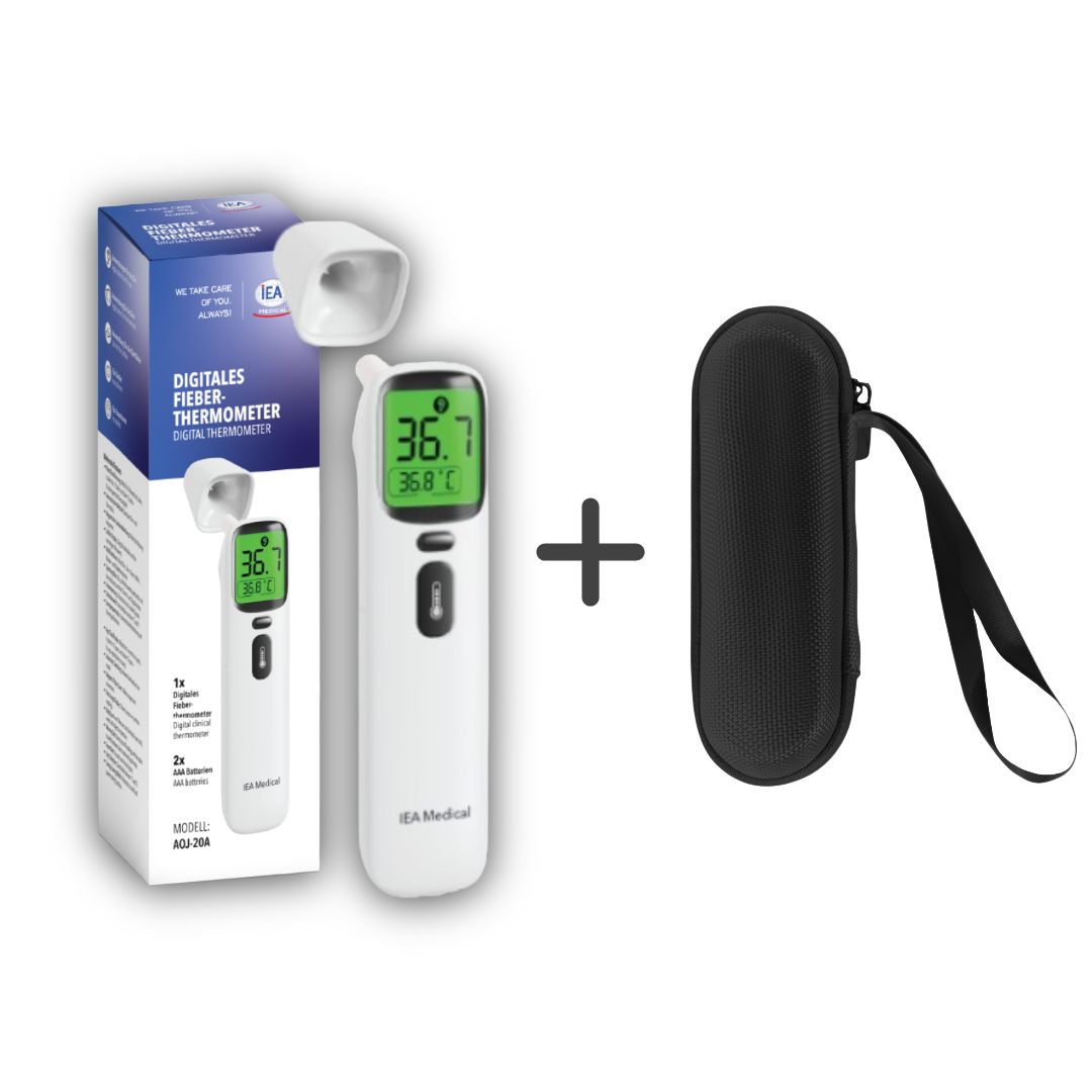 Digitales Fieberthermometer, weiß, mit schwarzer Aufbewahrungstasche. Inklusive Verpackung.