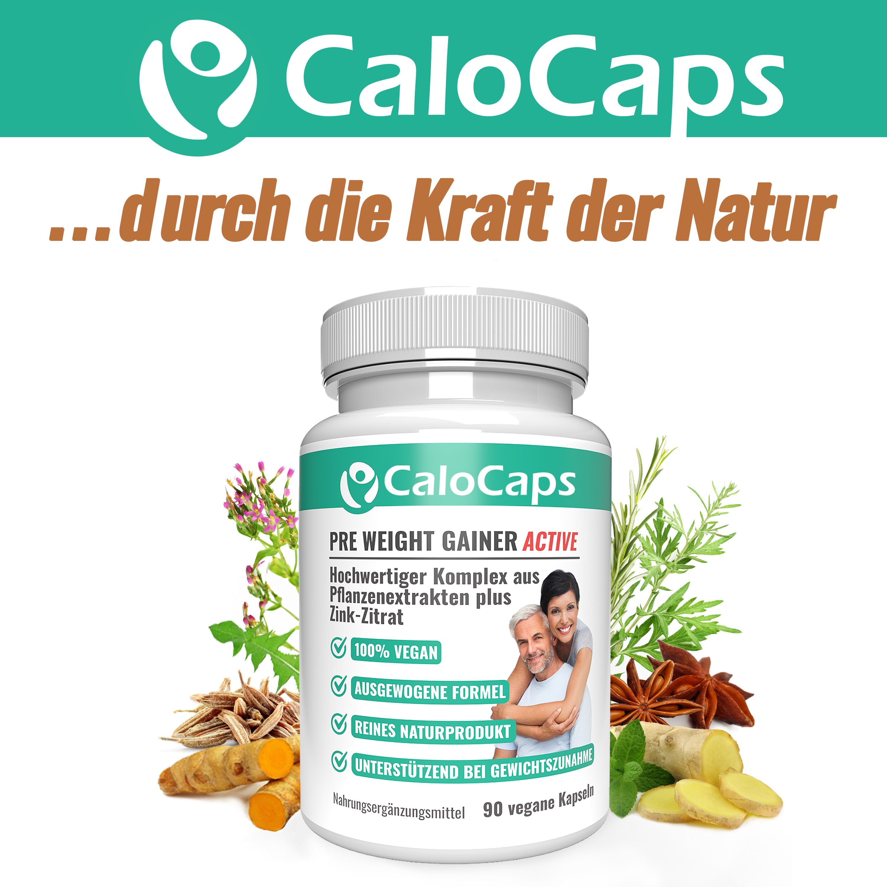 Weiße Kapsel-Dose, CaloCaps Logo, Text: Pre Weight Gainer Active, Illustration von Personen.