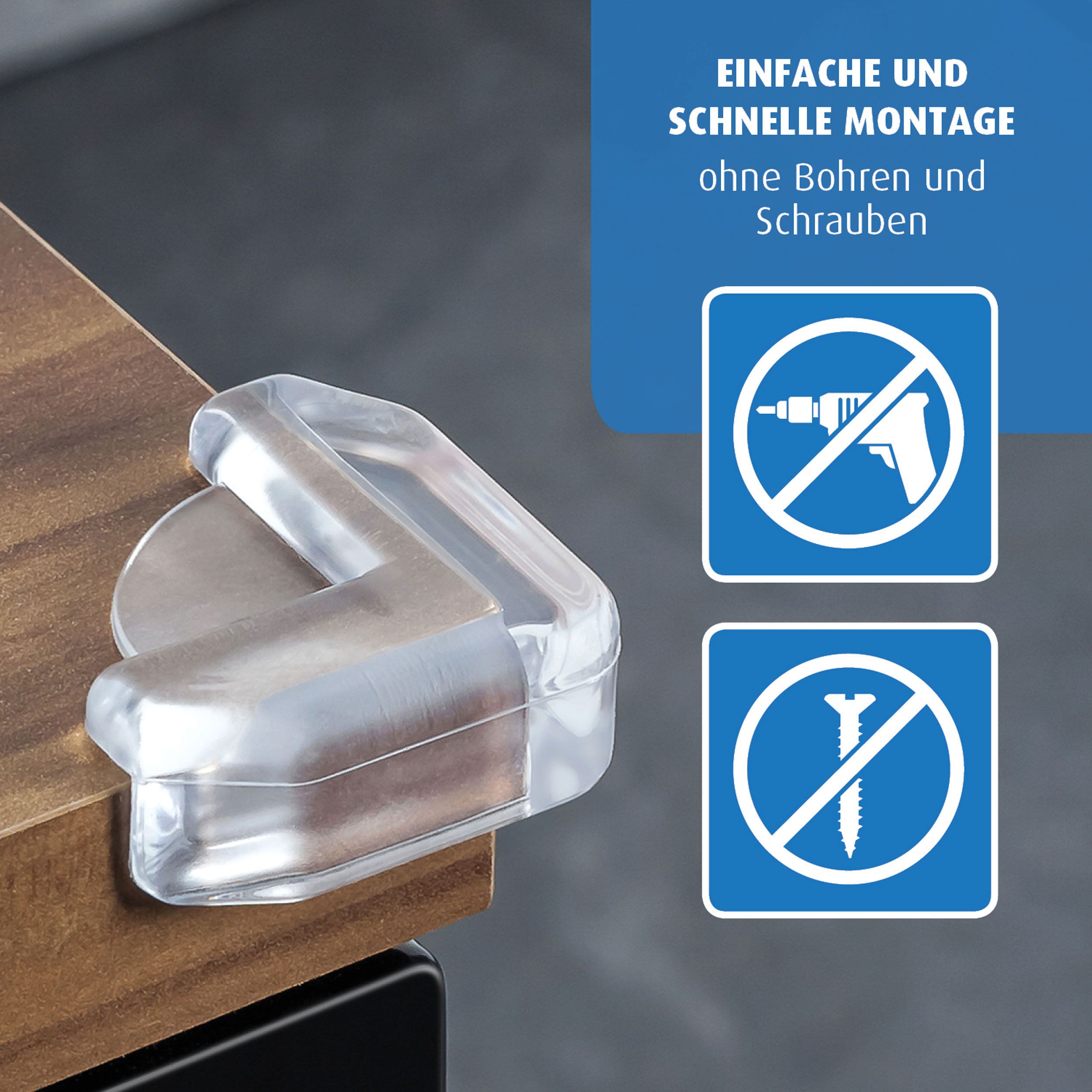 Transparenter Eckenschutz aus Kunststoff an einer Holzmöbelecke. Einfache Montage ohne Bohren und Schrauben.