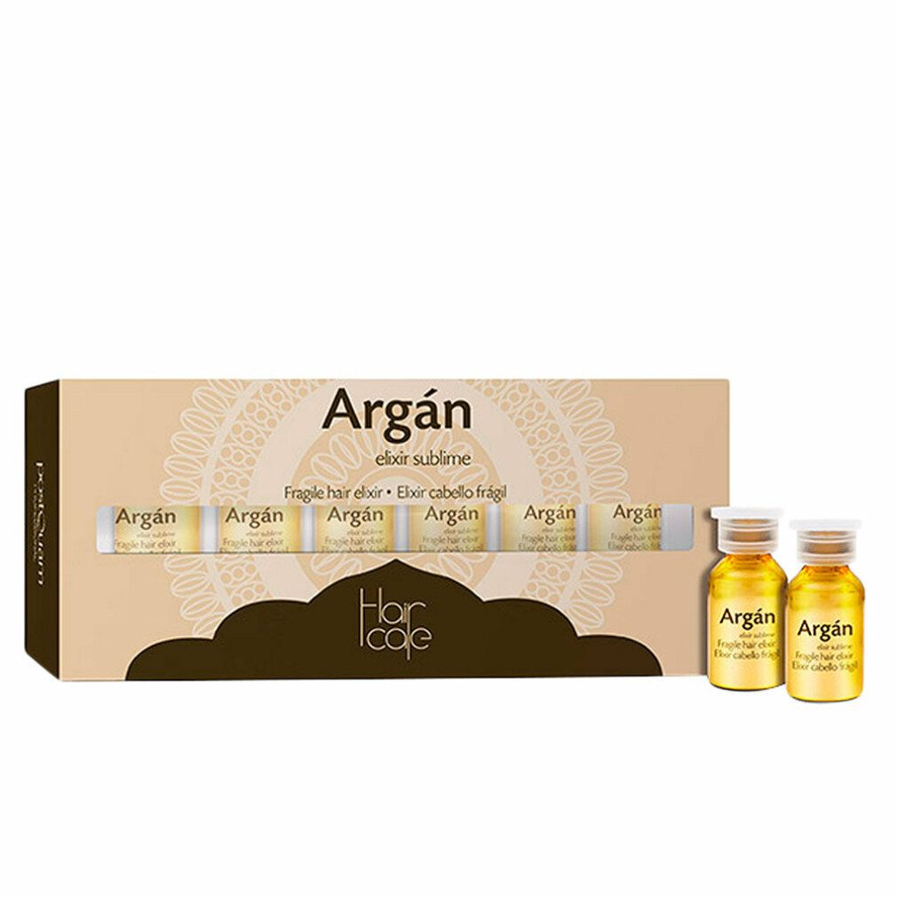 Verpackung mit sechs Ampullen und zwei separaten Fläschchen. Aufschrift: Argan, Elixir sublime. Fläschchen mit goldener Flüssigkeit.