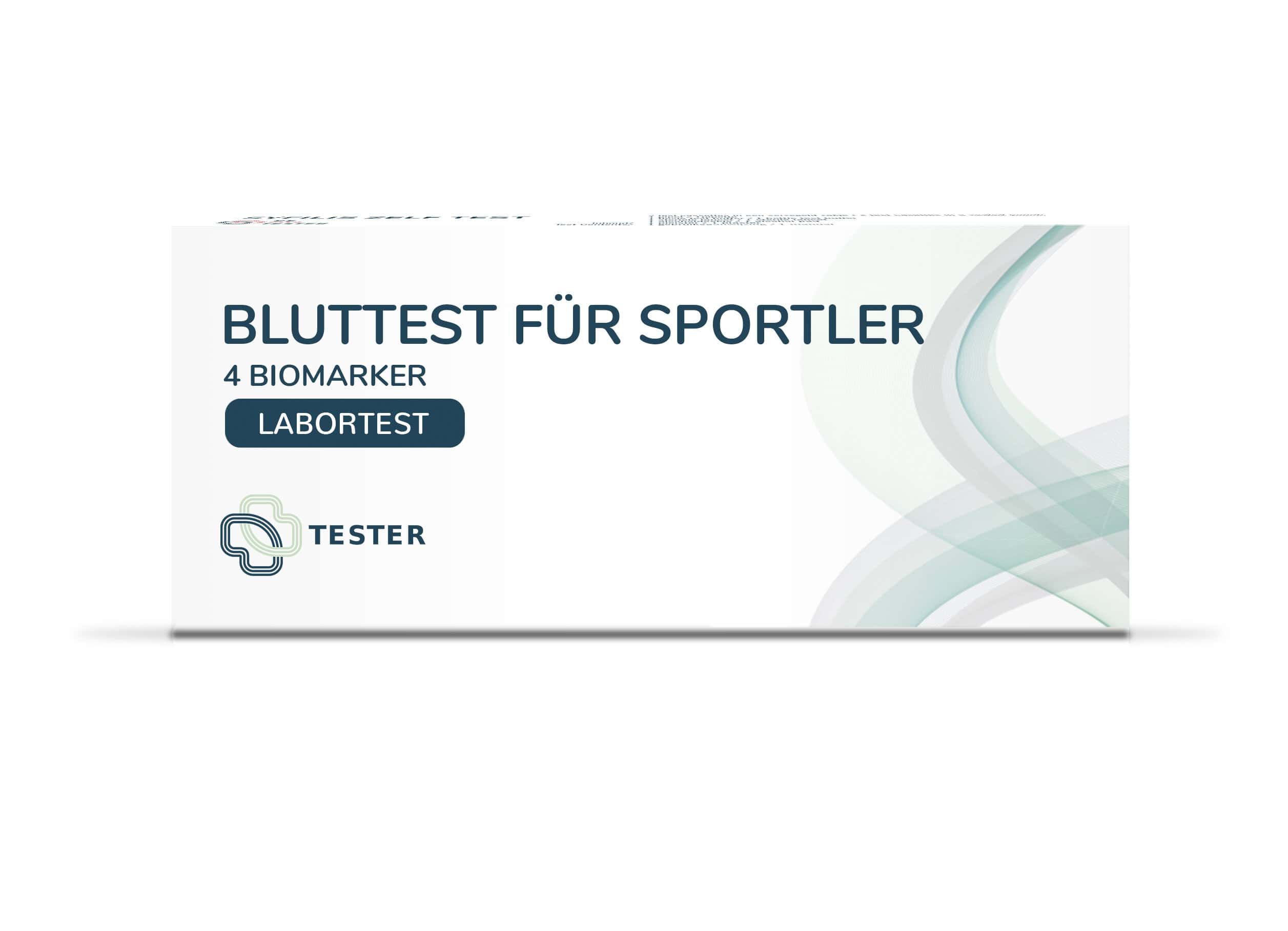 Verpackung eines Bluttests für Sportler mit 4 Biomarkern, Laboruntersuchung.