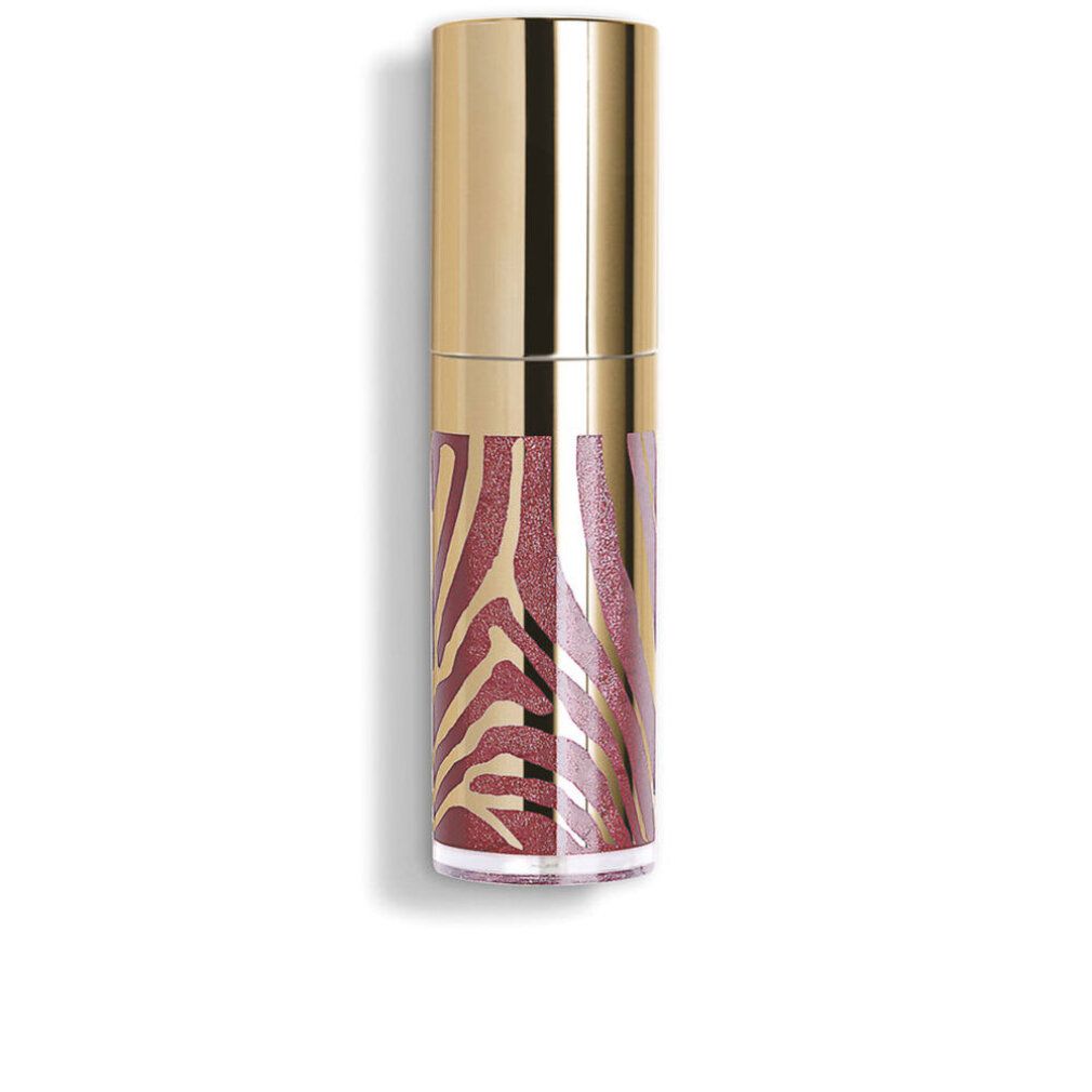 Lipgloss-Tube mit goldfarbenem Deckel und Zebra-Muster. Der Behälter ist mit einem rosafarbenen Lipgloss gefüllt.