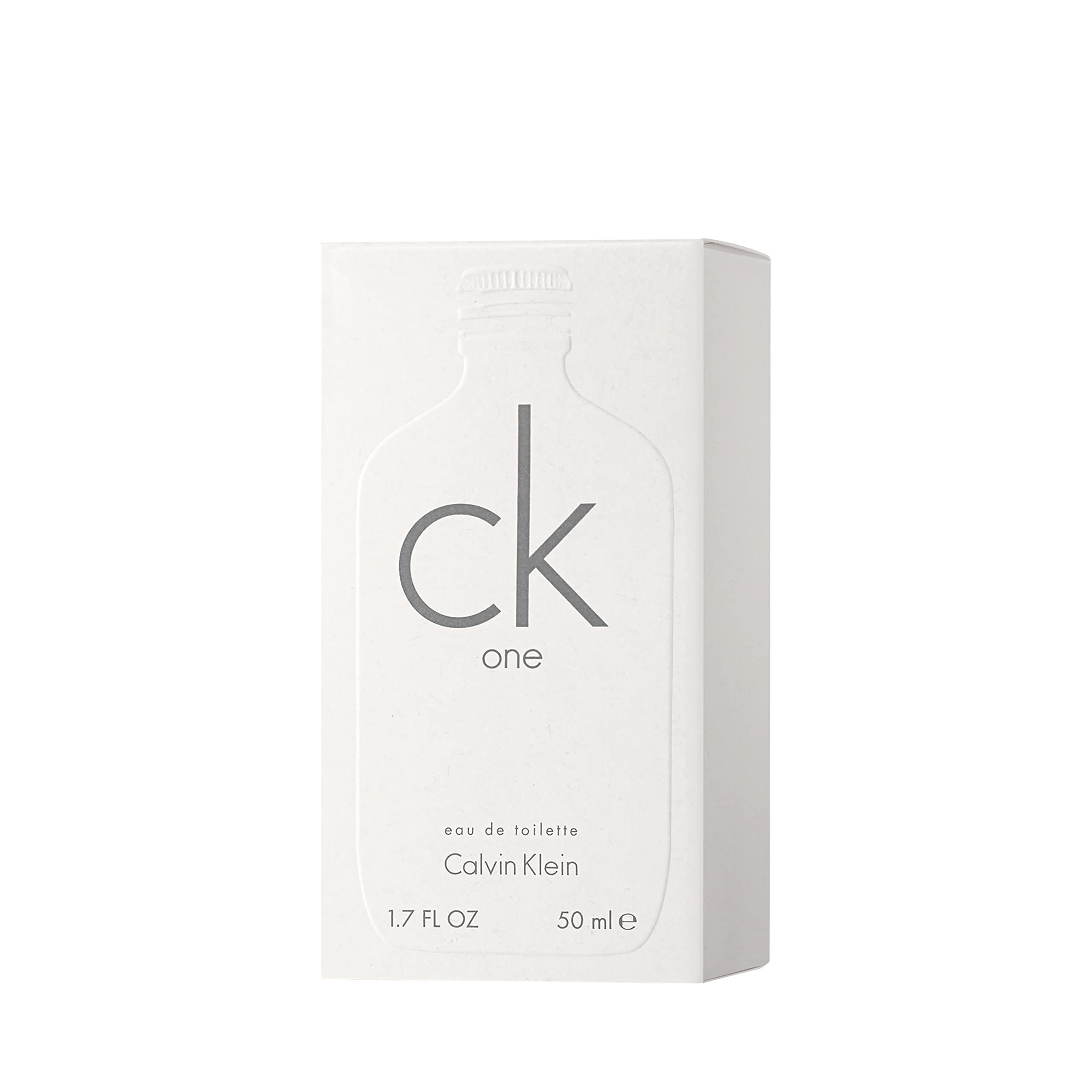 Weißer Karton mit "ck one"-Logo und "Calvin Klein"-Schriftzug. Aufschrift "eau de toilette".
