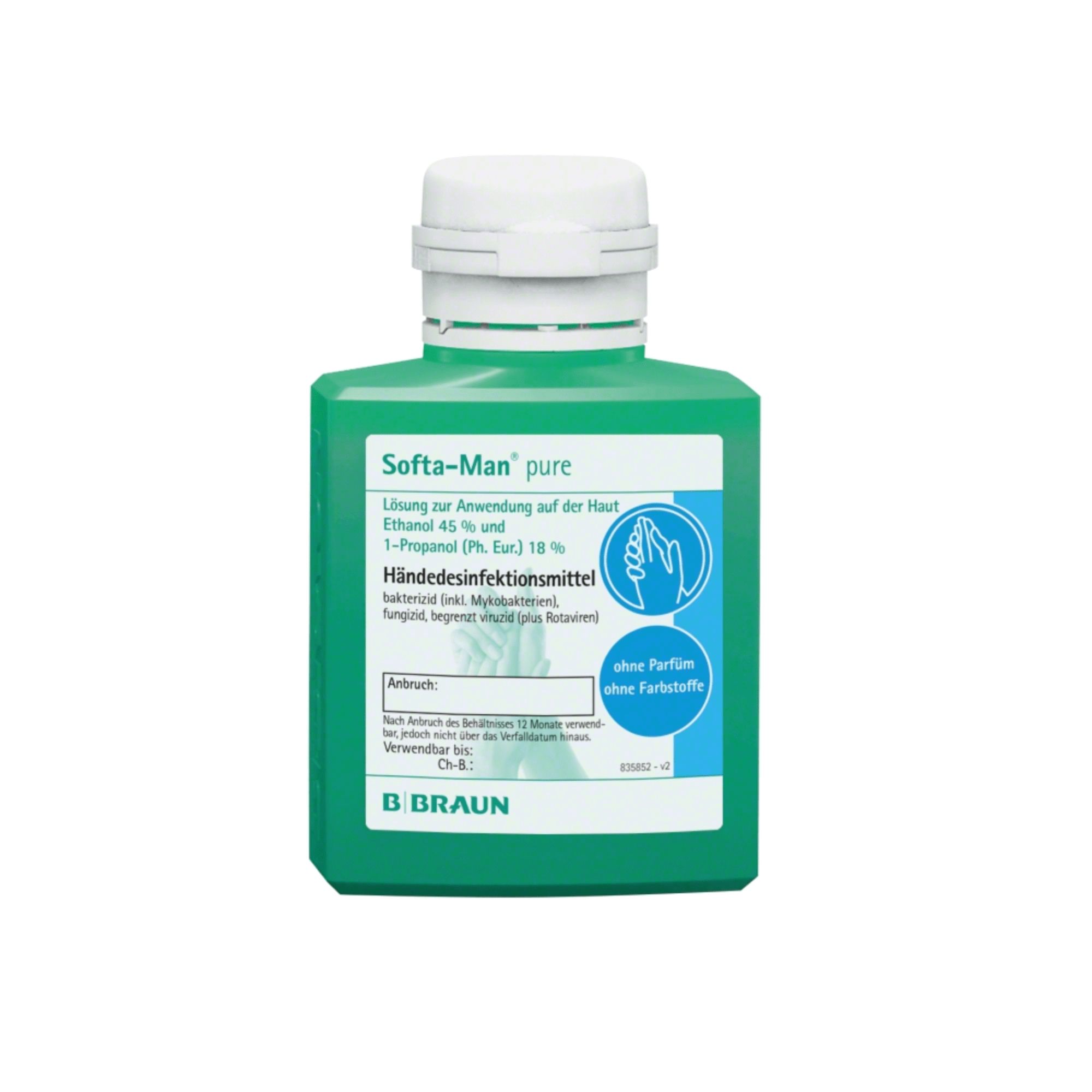 Grüne Flasche mit weißem Deckel. Aufschrift: Softa-Man pure, Händedesinfektionsmittel. Marke: B. Braun. Ohne Parfum, ohne Farbstoffe.