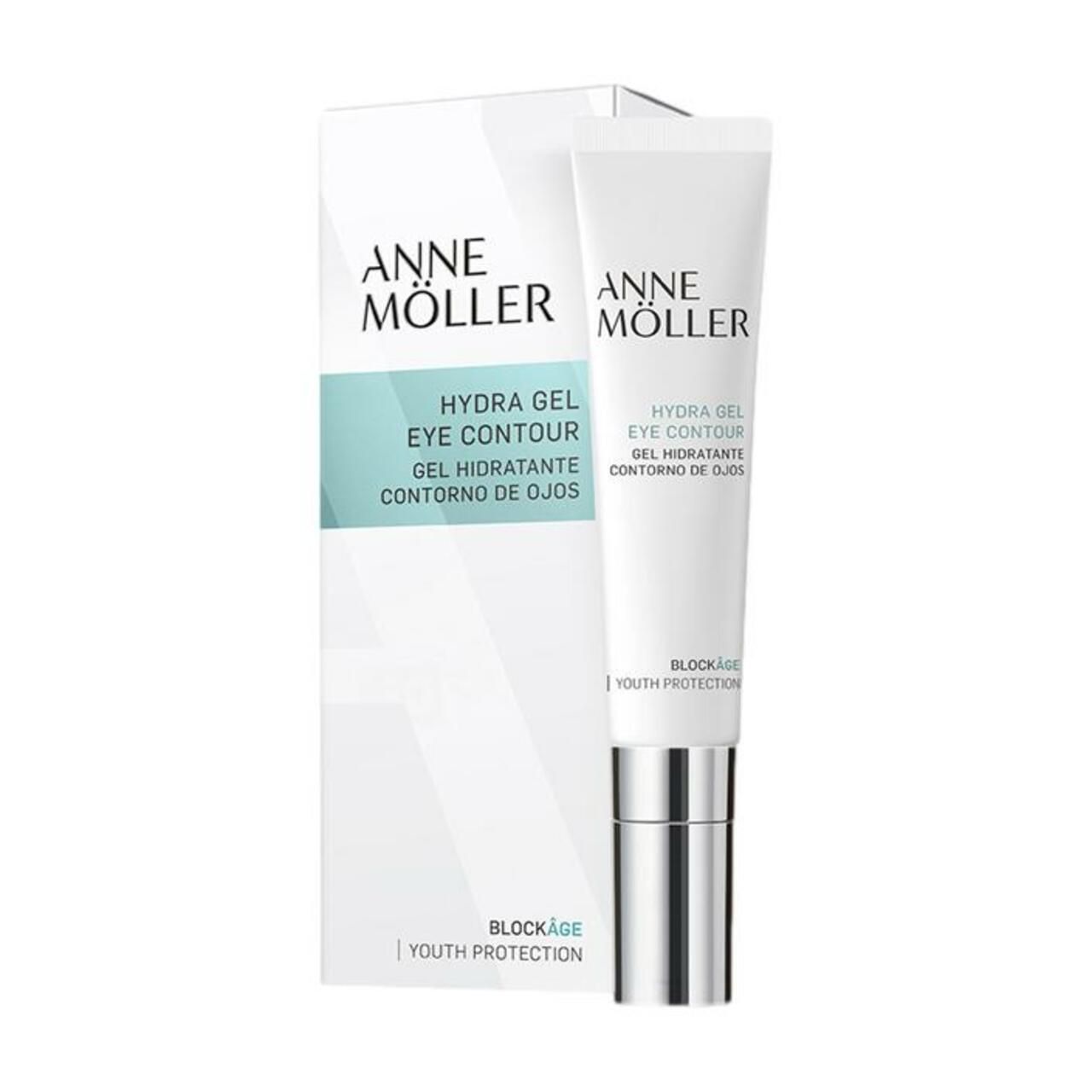 Weiße Tube und Verpackung. Aufschrift: Anne Möller, Hydra Gel Eye Contour. Mit Roll-on-Kopf. Verpackung mit Produktnamen.