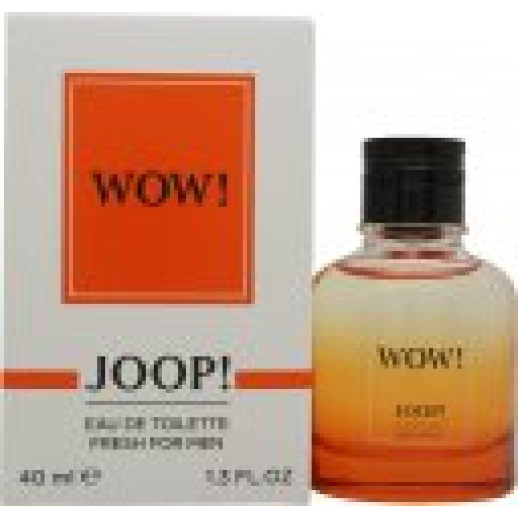 Flakon und Verpackung. Aufschrift: WOW! JOOP! Eau de Toilette Fresh for Men. Flakon mit Farbverlauf von orange nach transparent.