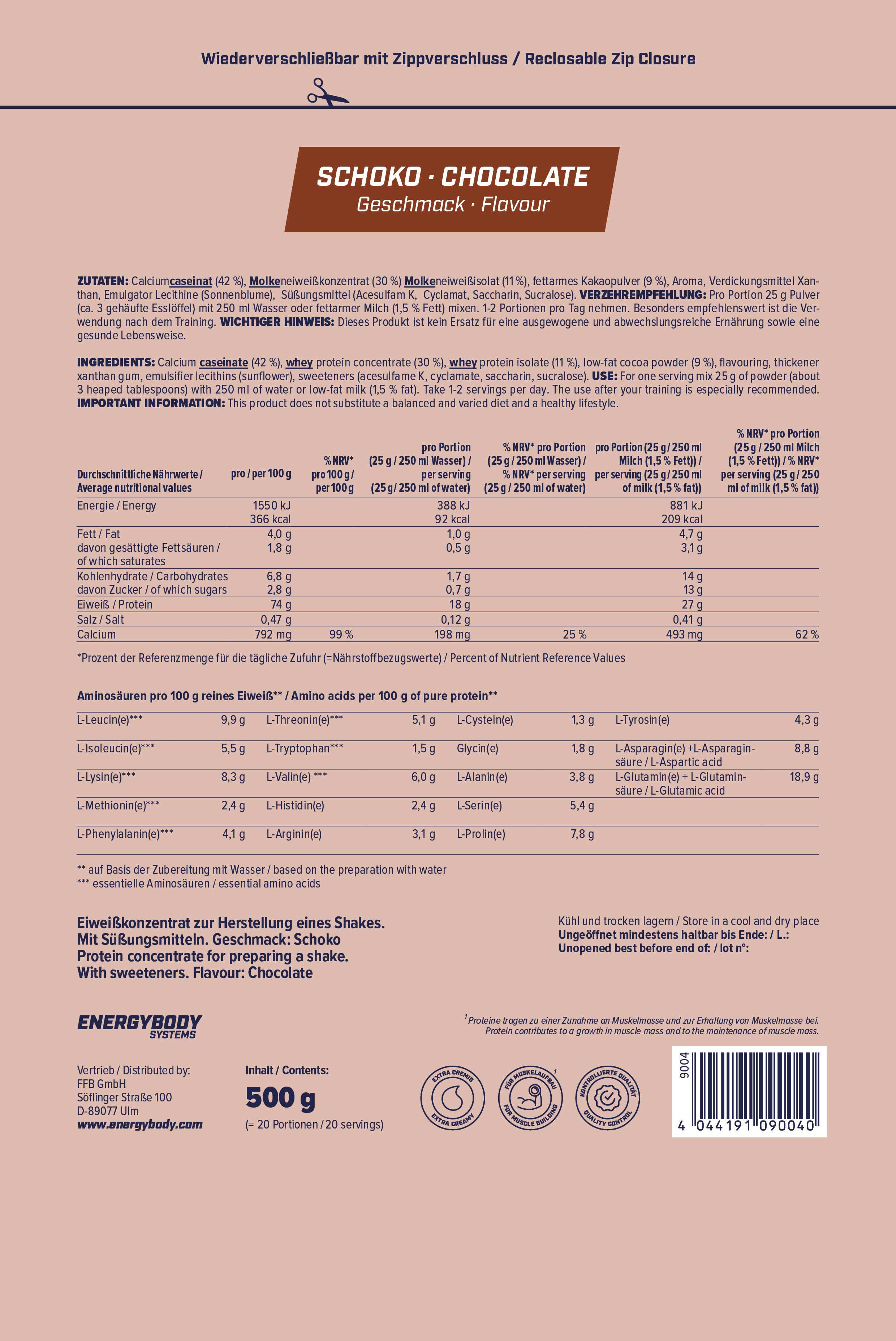 Rückseite der Mega Protein Verpackung. Text: Schoko/Chocolate, Nährwertangaben, Zutaten. Logo Energybody Systems. 500g.