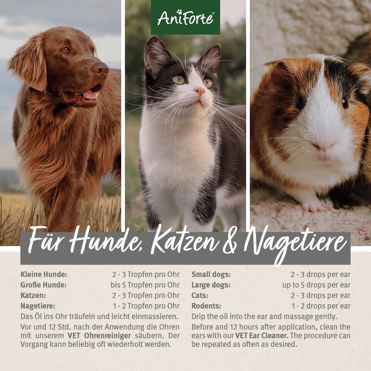 Drei Haustiere: Hund, Katze, Meerschweinchen. Text: Für Hunde, Katzen & Nagetiere. Dosierungsanleitung für kleine/große Hunde, Katzen und Nagetiere.