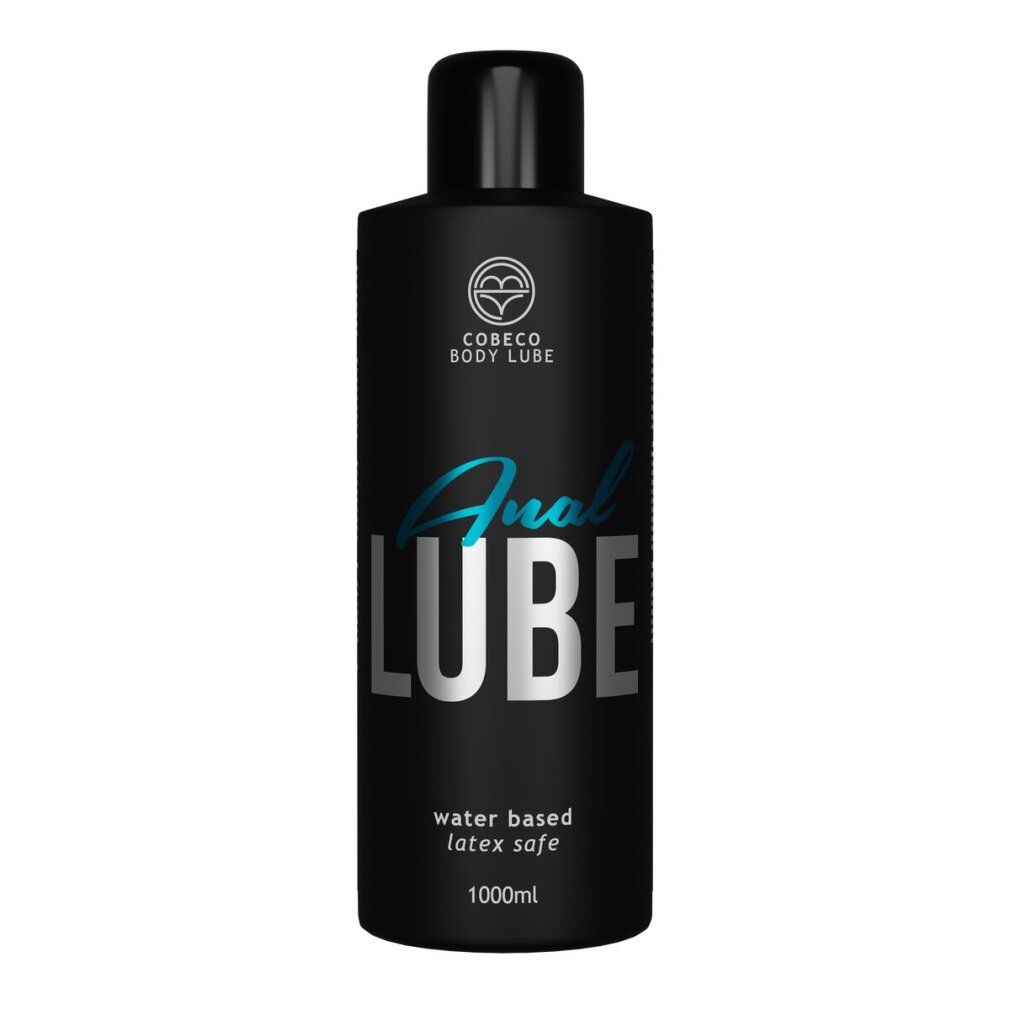 Schwarze Flasche mit schwarzem Deckel. Aufschrift: Anal LUBE, water based, latex safe. Logo: Cobeco Bodylube. Volumen: 1000ml.