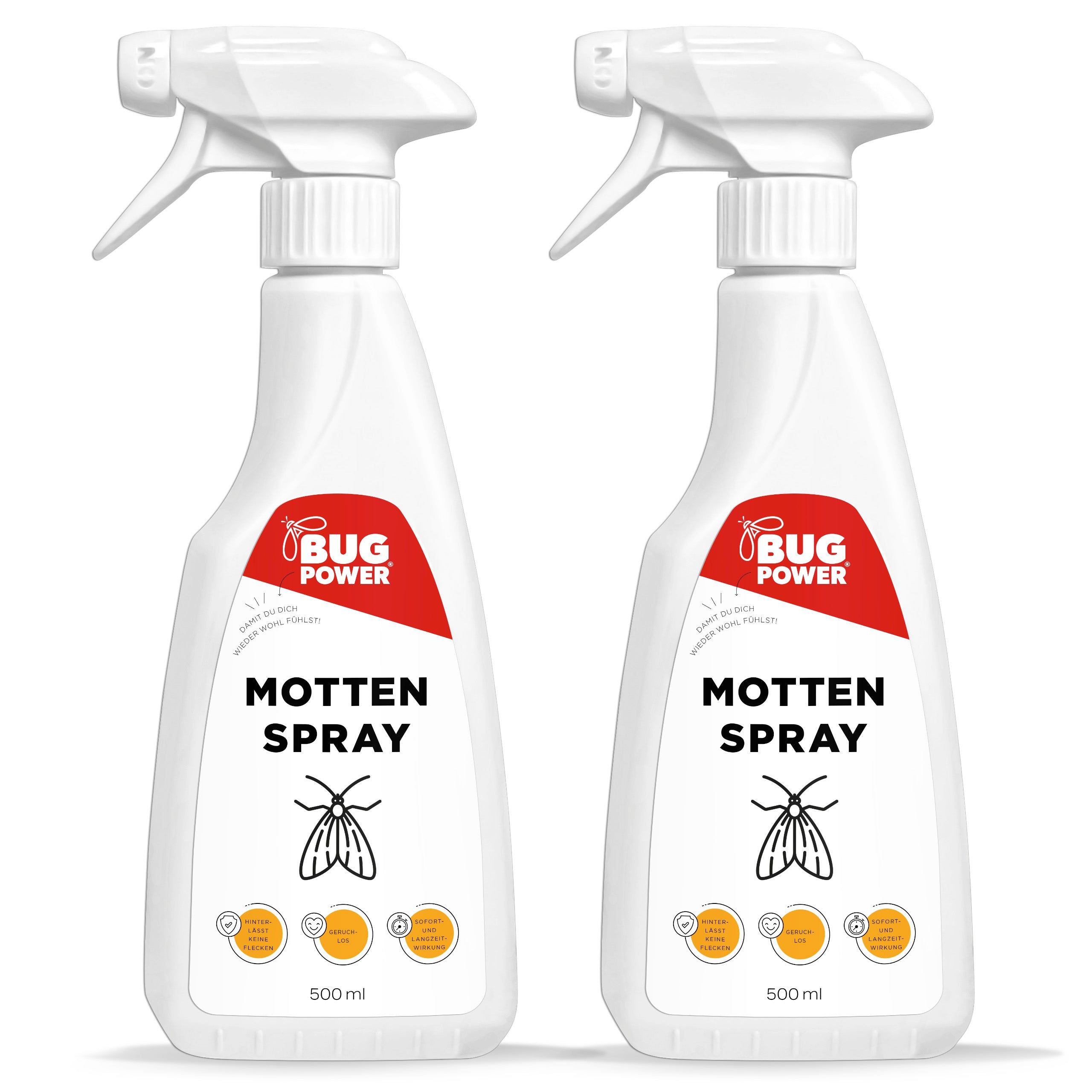 Zwei weiße Sprühflaschen mit rotem Etikett. Aufschrift: MOTTTEN SPRAY. Logo: BUG POWER. 500 ml.