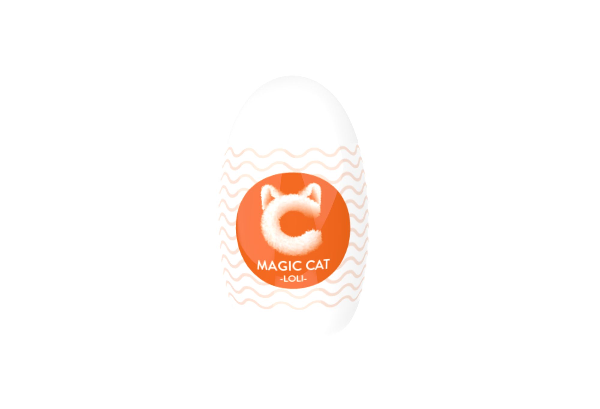 Weißes, ovales Produkt mit orangefarbenem Kreis. Auf dem Kreis ist ein Katzenkopf-Logo und der Text "MAGIC CAT LOU" zu sehen.