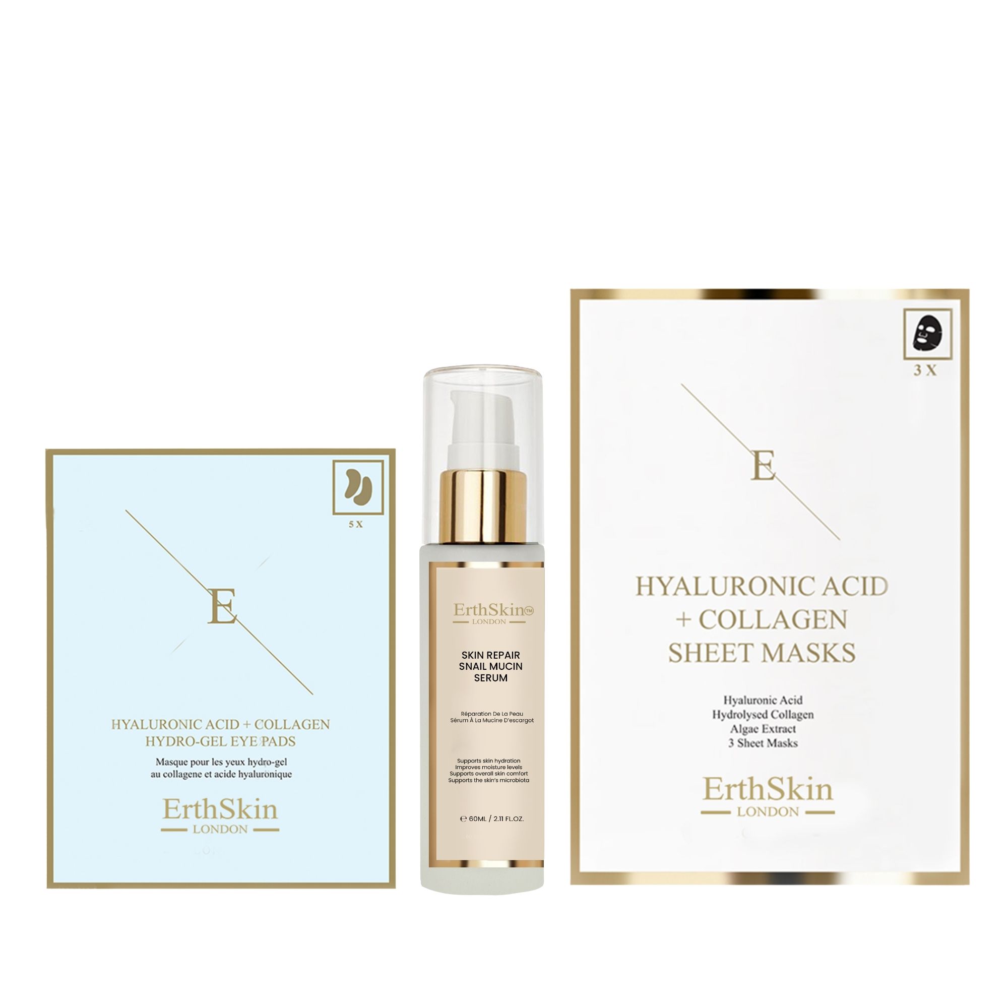 ErthSkin London Hautpflege-Set mit Schneckenserum, Kollagen-Augenpads und Kollagenmaske 60 ml