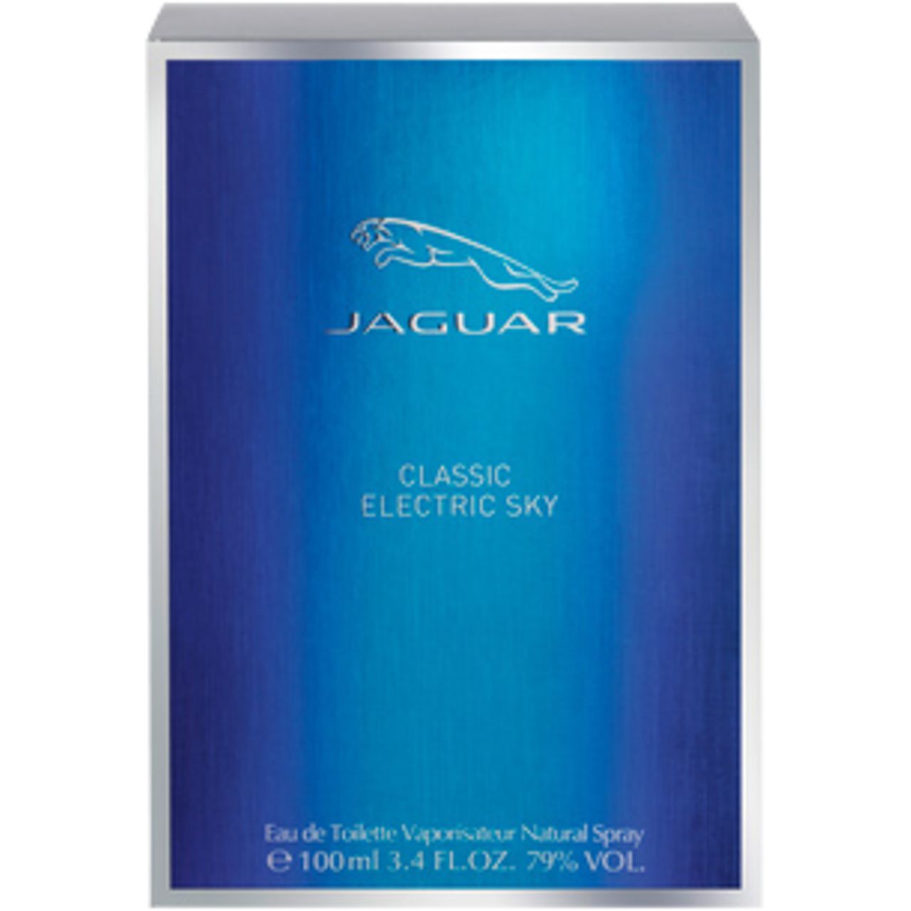 Blaue Schachtel mit silbernem Rahmen. Aufschrift: Jaguar Classic Electric Sky. Logo: springender Jaguar. Text: Eau de Toilette.