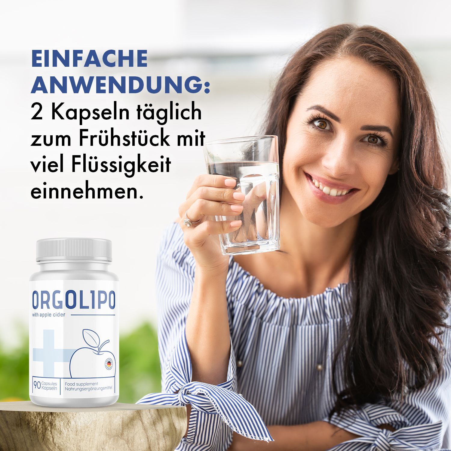 Frau hält Glas Wasser, daneben Orgolipo-Dose. Text: Einfache Anwendung: 2 Kapseln täglich zum Frühstück mit viel Flüssigkeit einnehmen.