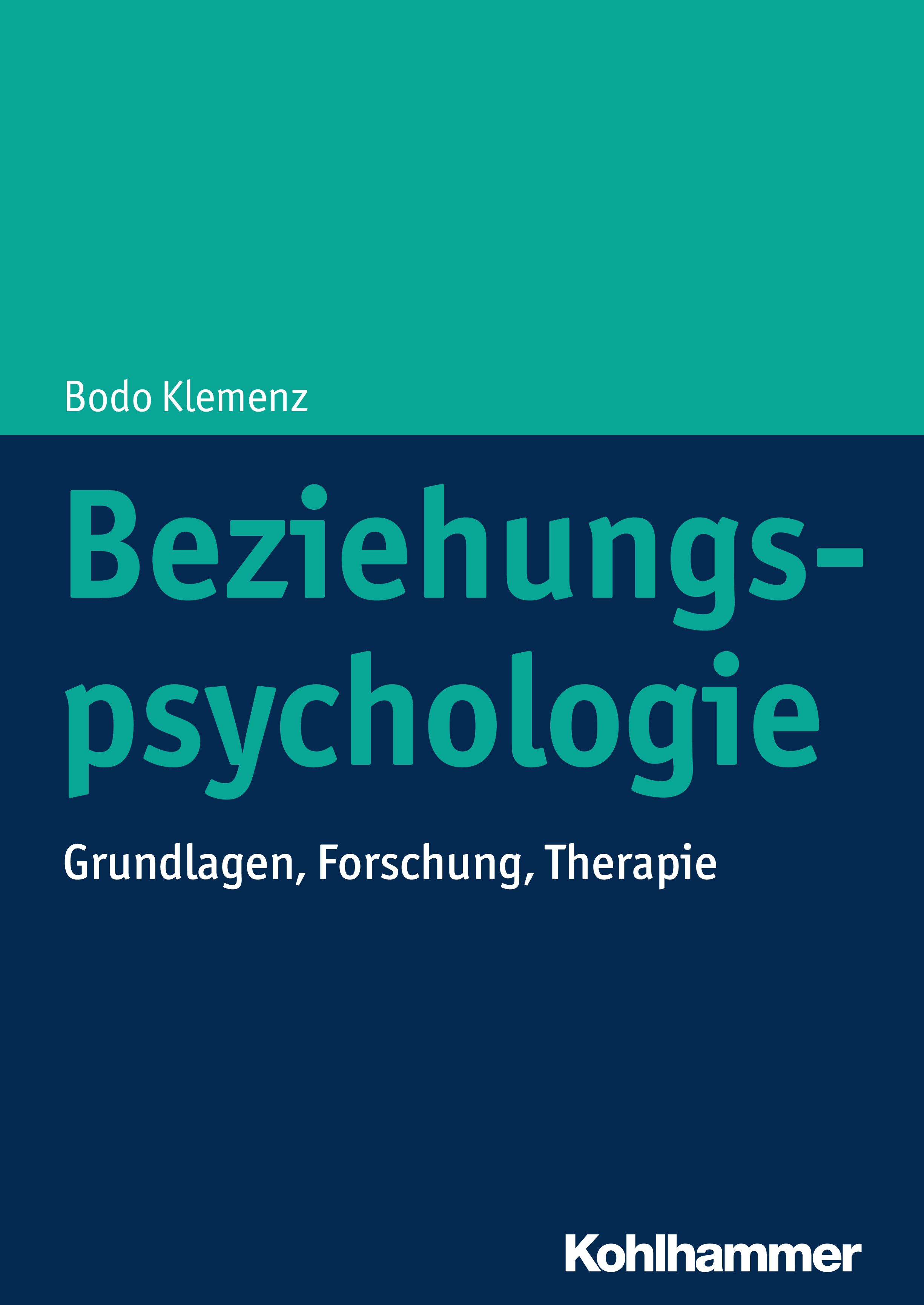 Buchcover: Beziehungspsychologie von Bodo Klemenz. Titel in Türkis auf blauem Hintergrund. Verlag Kohlhammer.