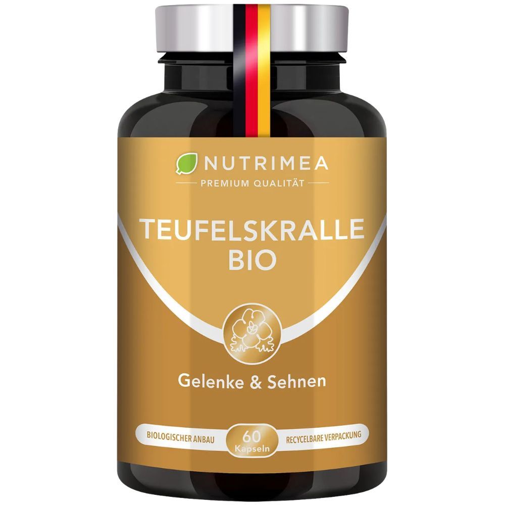 Flasche Nutrimea Teufelskralle BIO. Text: 60 Kapseln. Gelenke & Sehnen. Biologischer Anbau. Recycelbare Verpackung.