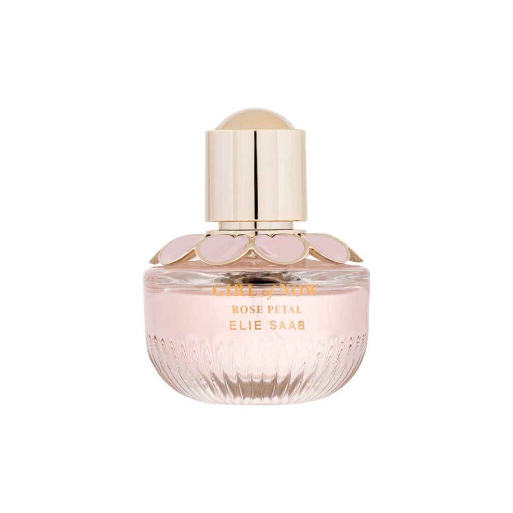 Elie Saab Girl of Now Rose Petal Eau de Parfum Flakon mit goldenem Verschluss und rosa Blüten.