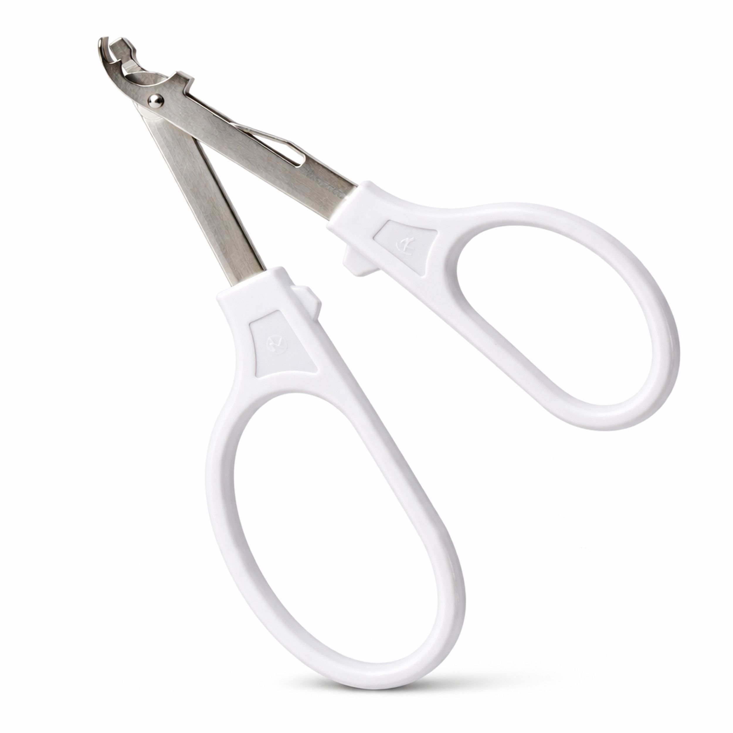 Hautklammerentferner mit weißem Griff. Metallteile, offene Position. Perspektivische Ansicht.