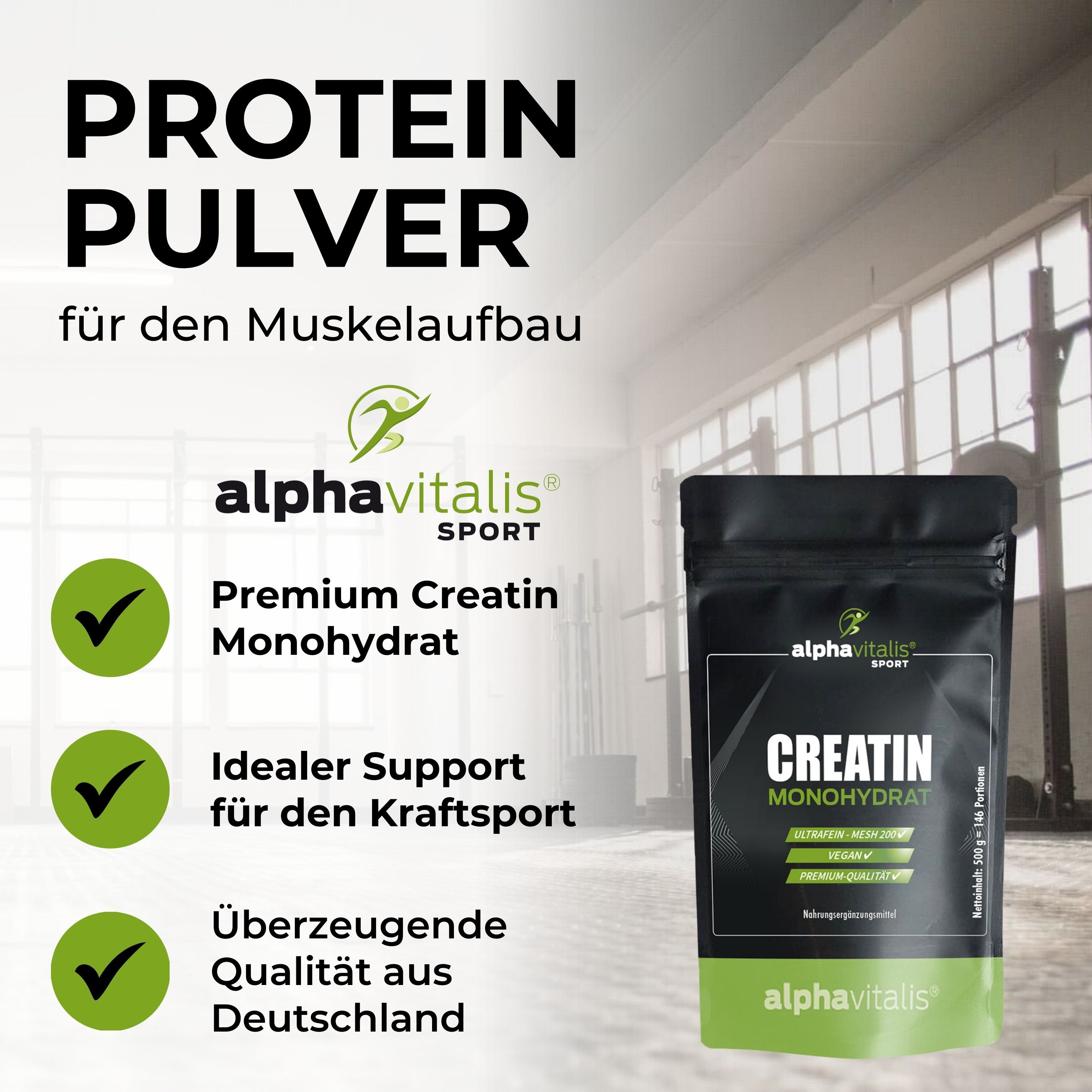 Schwarze Verpackung mit "alpha vitalis" und "Creatin Monohydrat". Text: Premium Creatin Monohydrat, Ideal für Kraftsport, Qualität aus Deutschland.